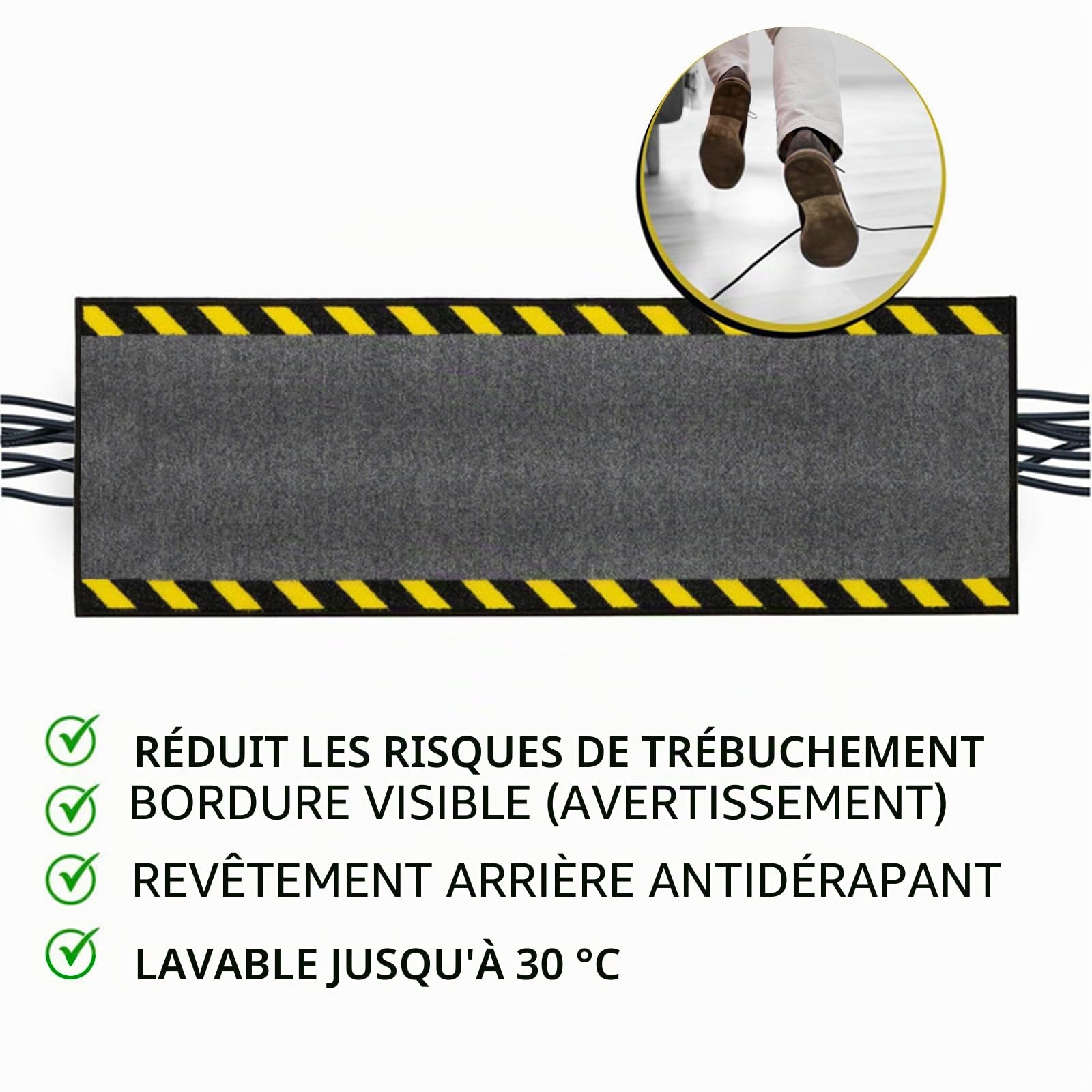 ETM Tapis de protection de câble avec bordure d'avertissement pour l'intérieur – Pont de sécurité pour bureau et entrepôt – Dos antidérapant lavable – Noir/jaune