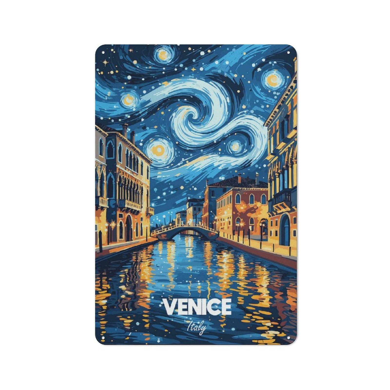 Junmoney Style Metal Gift Sign With Venice Italy Starry Night Art Design 30X20cm, Character Room Wall Plaque For Flat, Dorm Room, Lounge Or Cafe