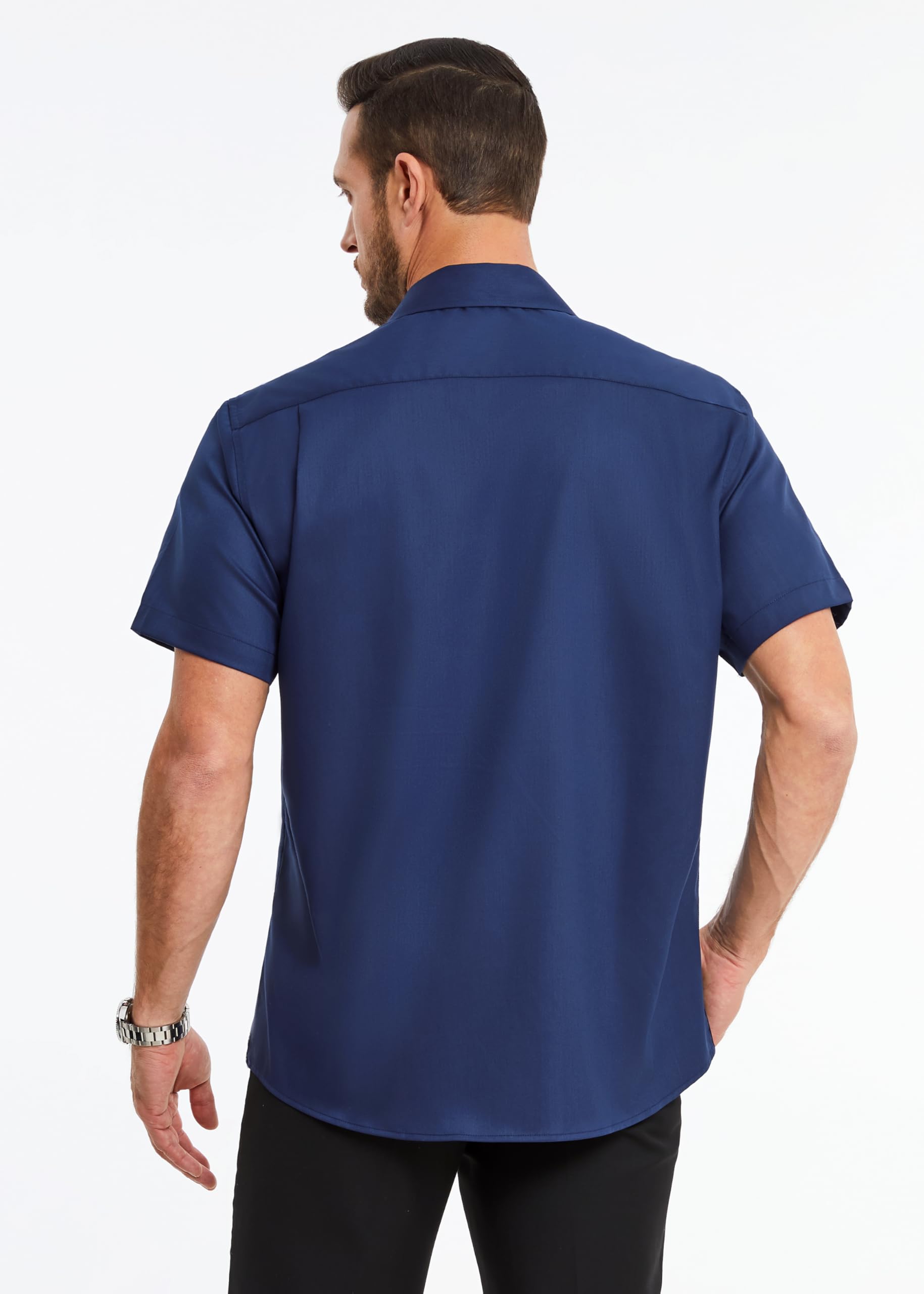 HISDERN Camicia Maniche Corte Uomo Camicia Uomo Estiva in Fibra di bambù Camicie Regular Business con Bottoni e Tasche