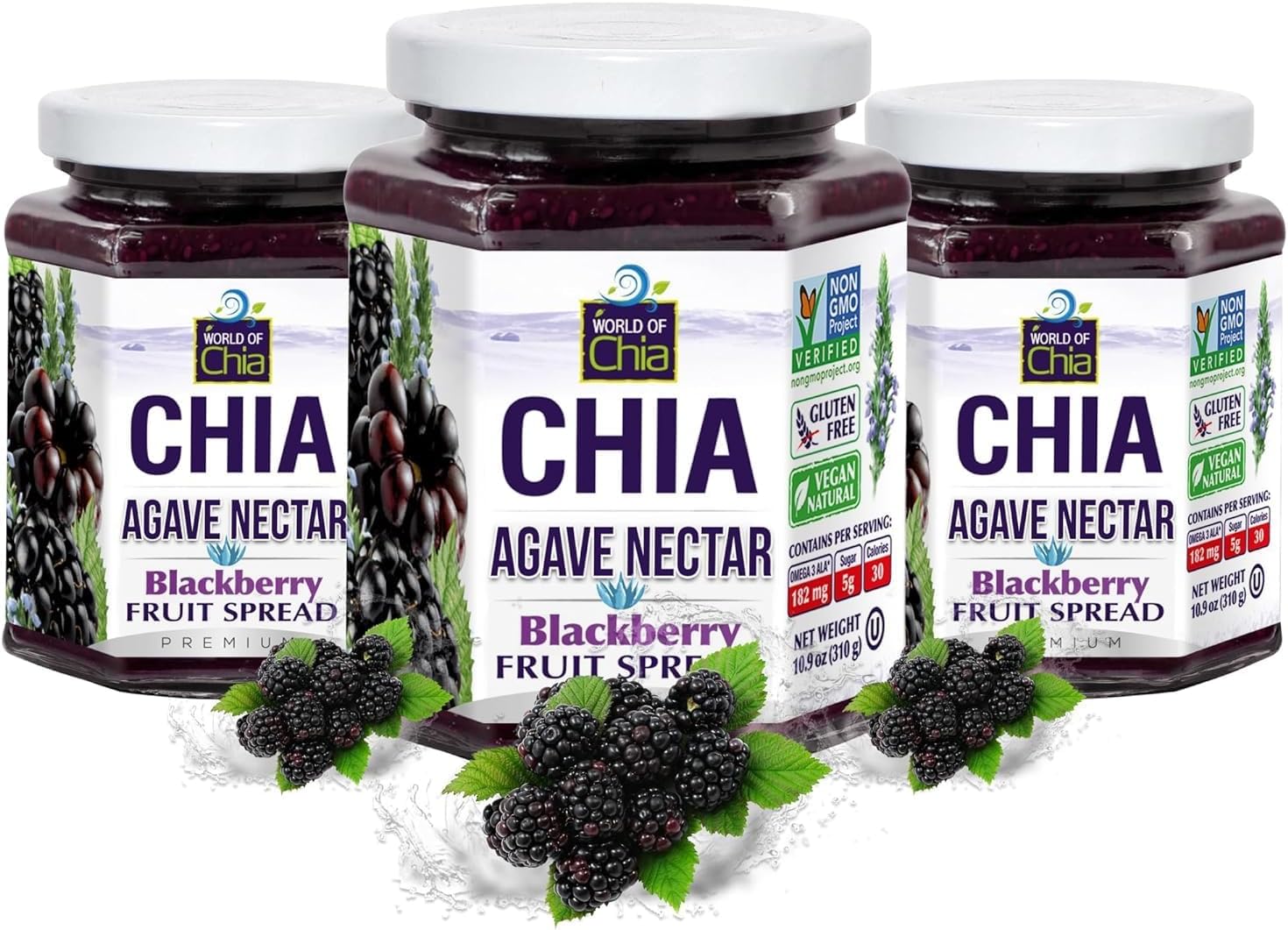 World of Chia Premium Chia Seeds Jam - Blackberry Jams and Preserves - All Natural, Plant Based Chia Jam, Gluten Free, Omega 3, Made in USA, Non GMO, Organic Ingredients, Additive Free, Low Sugar and Low Glycemic, Diabetic Friendly Fruit Spread - (10.9 oz, 310 g Jar) Pack of 3