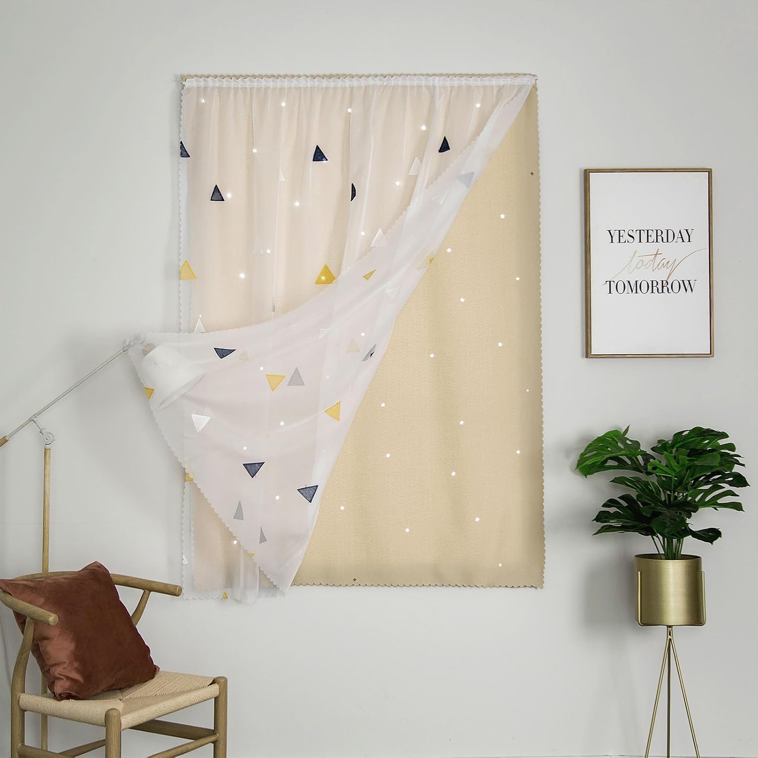 Beige Triangle Non-Punching Sticky Hollow Out Star Fabric Embroidered Sandy Double Layer Living Room Bedroom Study Blackout Thermal Insulated Curtains for Girls Bedroom Kids Room Decor