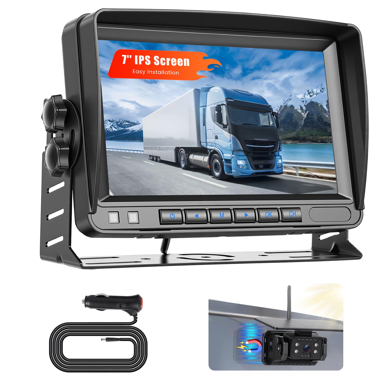 Hikity Cámara Trasera Coche Inalámbrica Magnética Solar 7'' IPS Monitor | IP69 Impermeable Camara Coche Marcha Atras Visión Nocturna Instalación Sencilla para Furgoneta Caravana Camiones