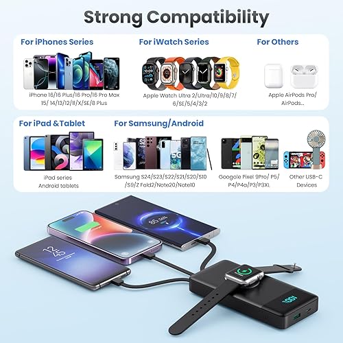 Miniatura 2 de Cargador portátil con cables integrados y cargador iWatch, 10800mAh QC4.0+PD 25W carga rápida USB C, batería de viaje con 6 salidas LCD para iPhone