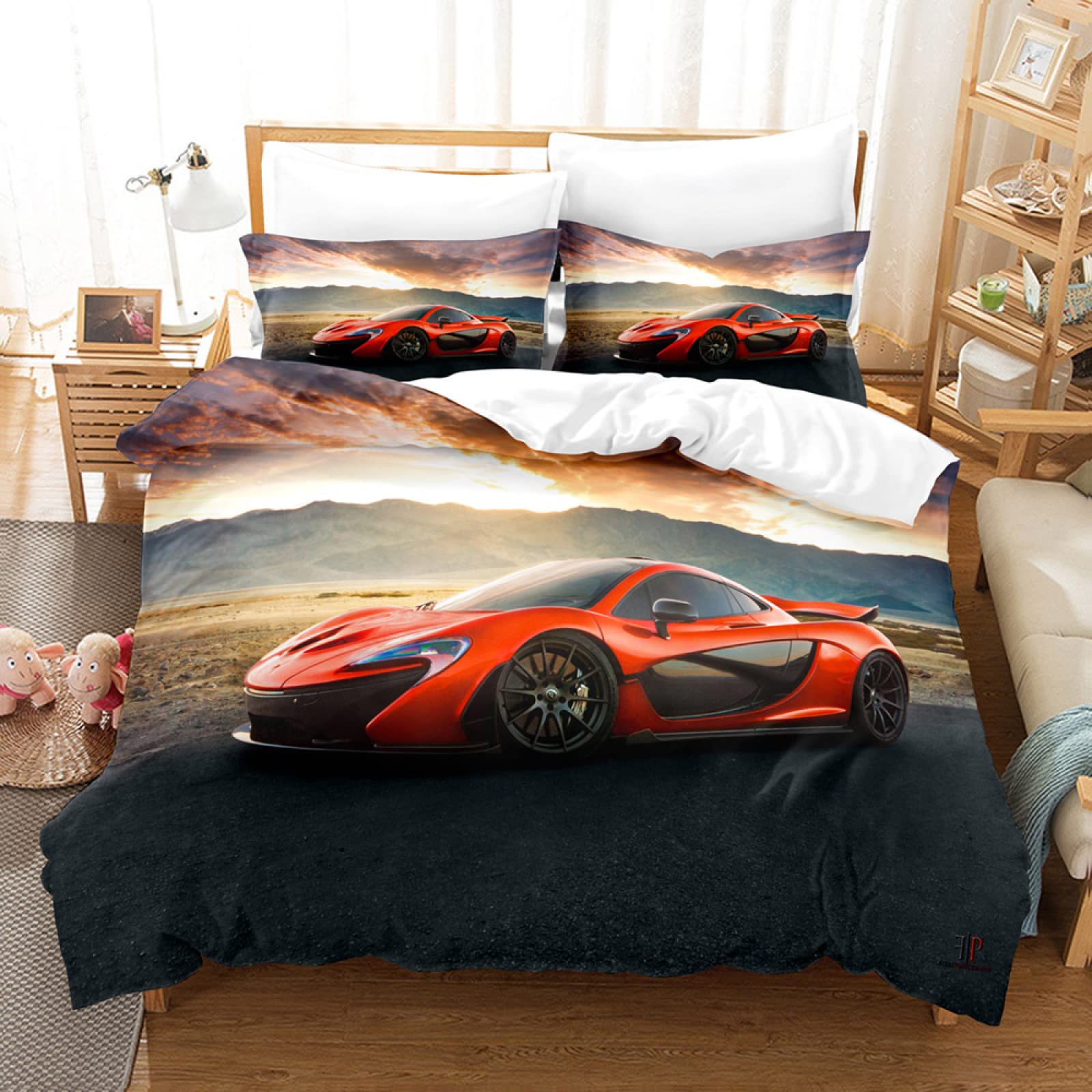 Housse de couette 90x190 enfant voiture rouge ultra douce et facile à laver pour lit de garçon