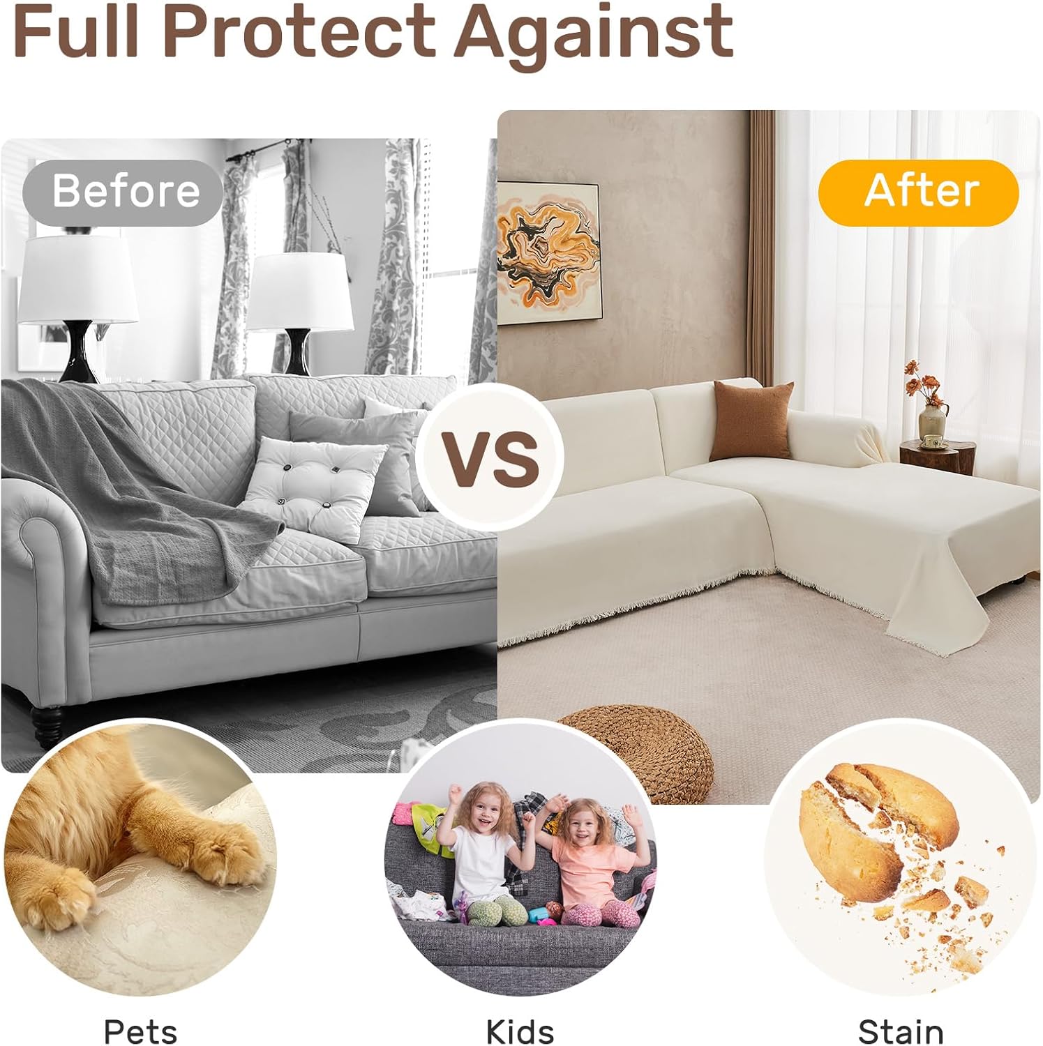 Sectional Couch Covers, 2 Pieces Washable L Shaped Couch Covers Sofa Blanket for Dogs Pet Friendly Sectional Sofa Slipcovers Furniture Protector,71"x 110"+ 71"x 118",(X-Large,Cream White)