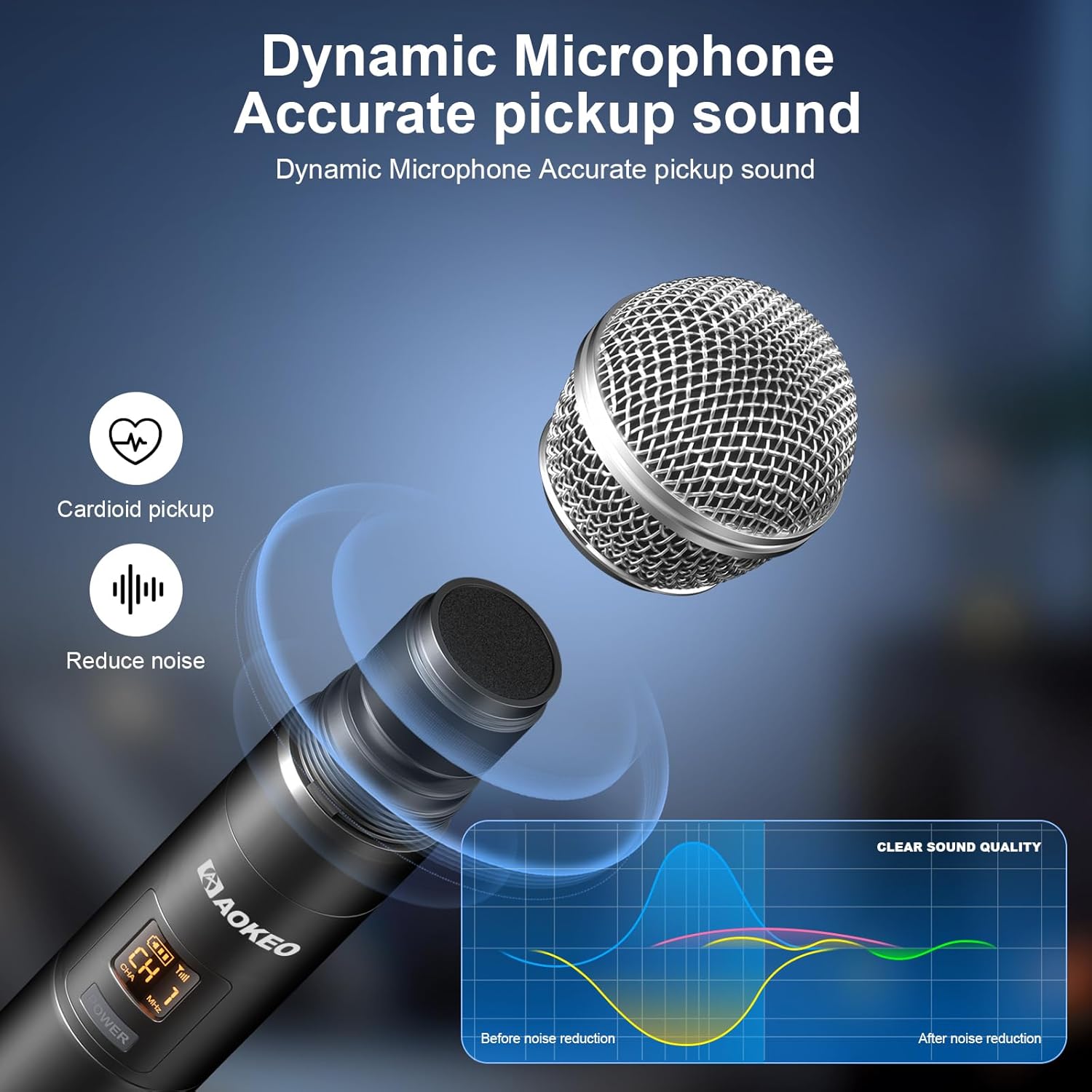 Aokeo Wireless Microphone Only for Mic Input, UHF Metal Dynamic Handheld Multipurpose Mic with Rechargeable Receiver (Work 4hs), 160ft Range, for Karaoke Machine, Amplifier Speaker, Mixer, Church - Image 2
