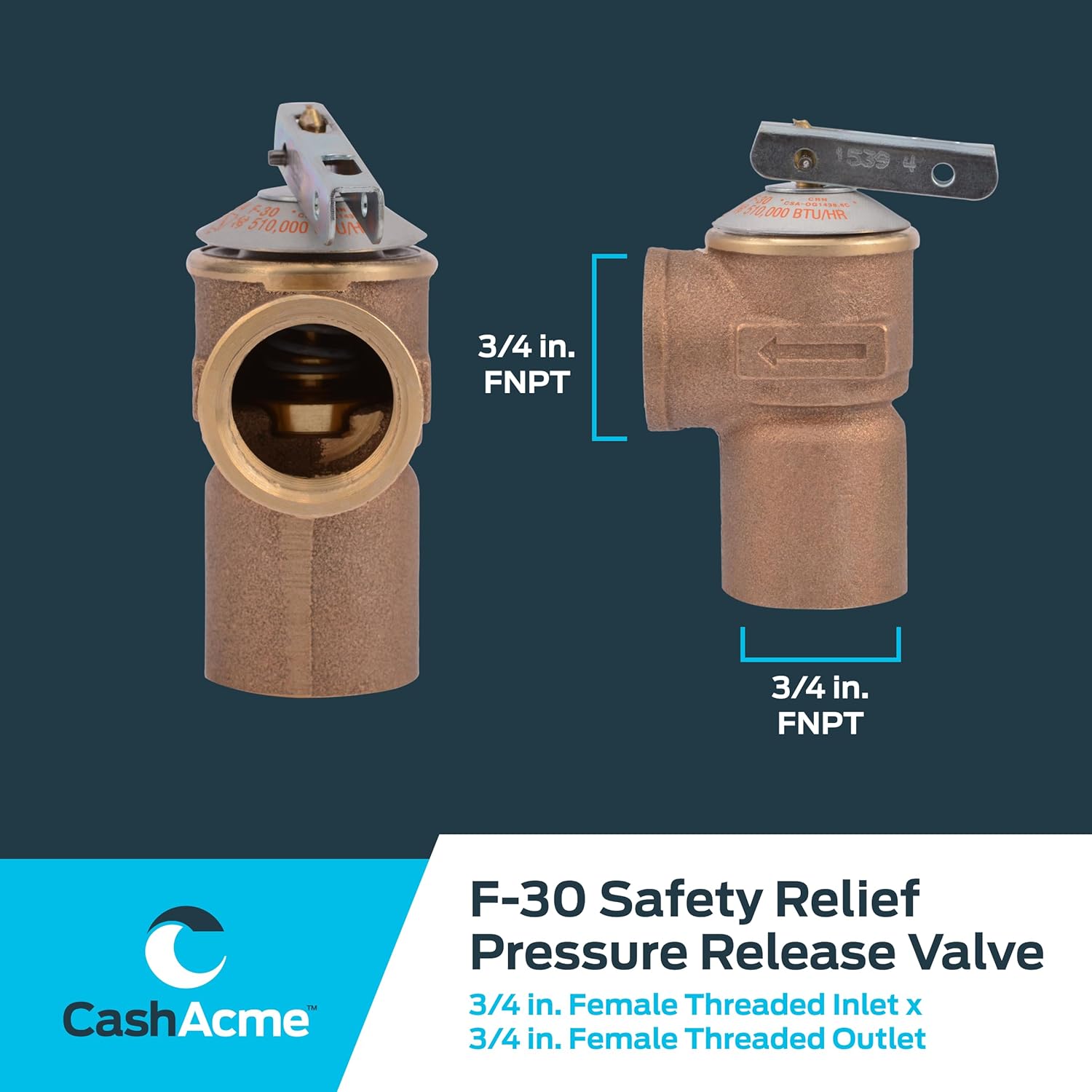 Cash Acme 3/4 Inch F-30 Safety Relief Pressure Release Valve, Brass Plumbing Fitting, 22887-0030