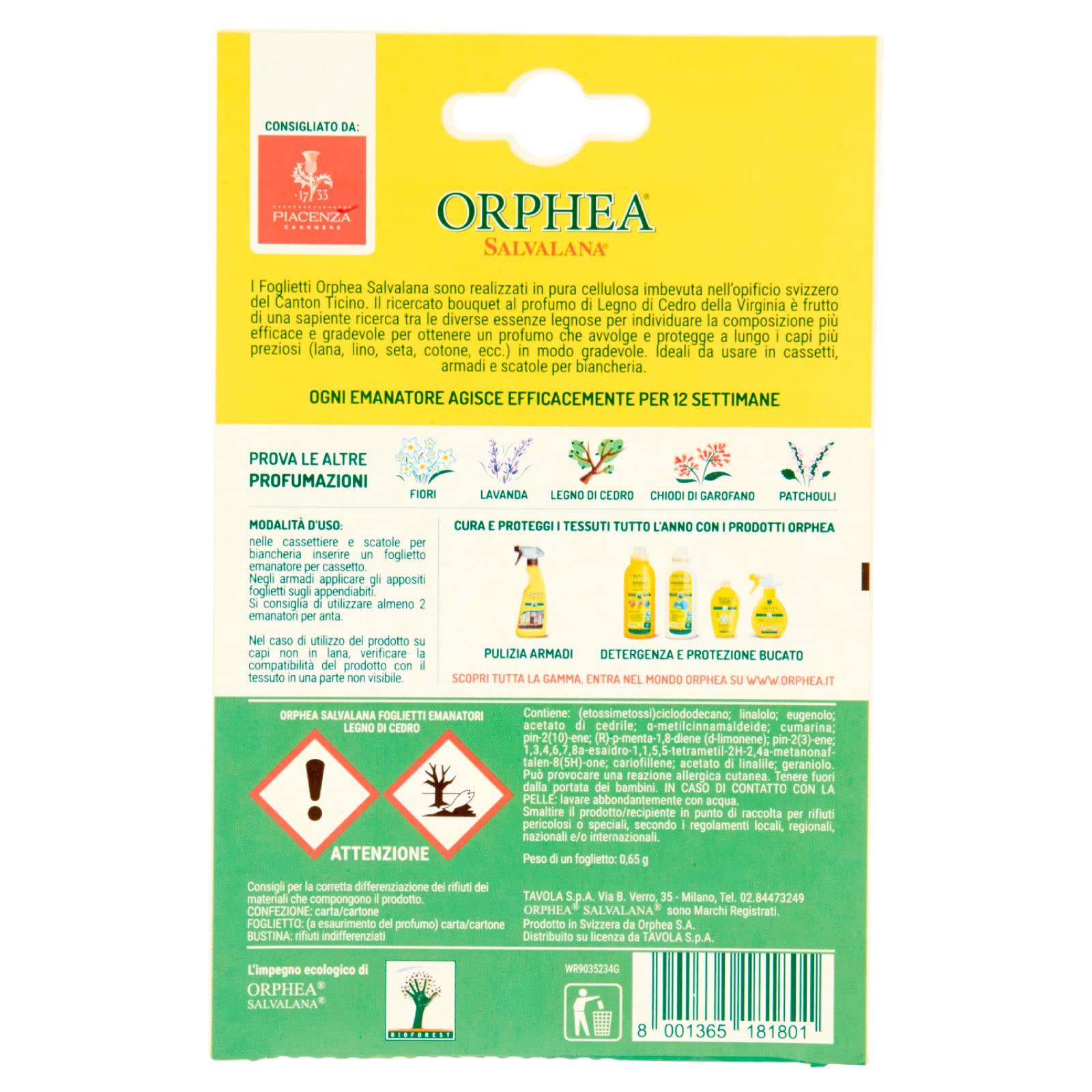 Orphea 4X Salvalana Foglietti per Cassetti e Armadi Protegge Lana e Fibre Naturali al Profumo di Legno di Cedro della Virginia - 4 Confezioni da 12 Foglietti Ognuna