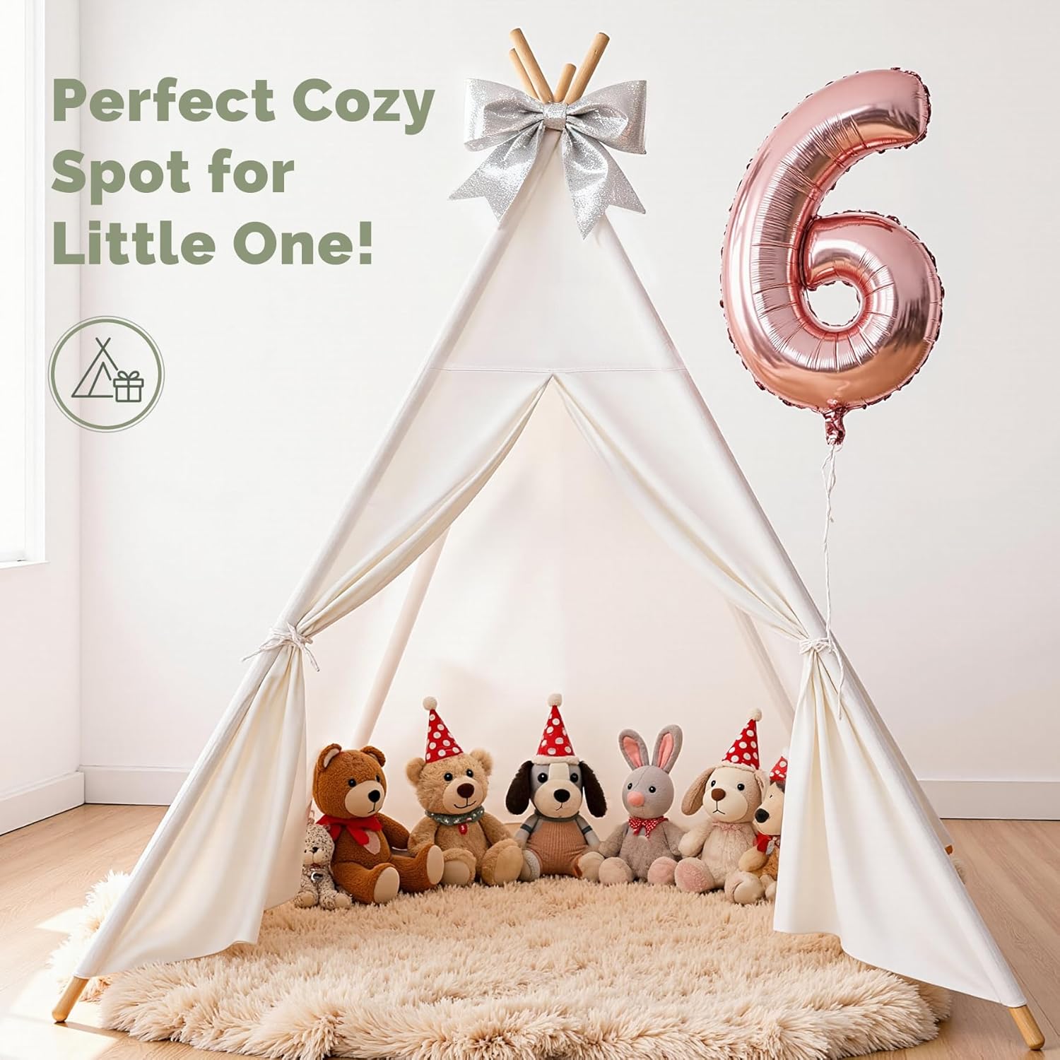 Sumbababy Large Teepee Tent for Kids Indoor - Cotton Canvas Slumber Play Tents for Adults - Foldable Sleepover Tents for Girls Boys Party Gift Toy, White