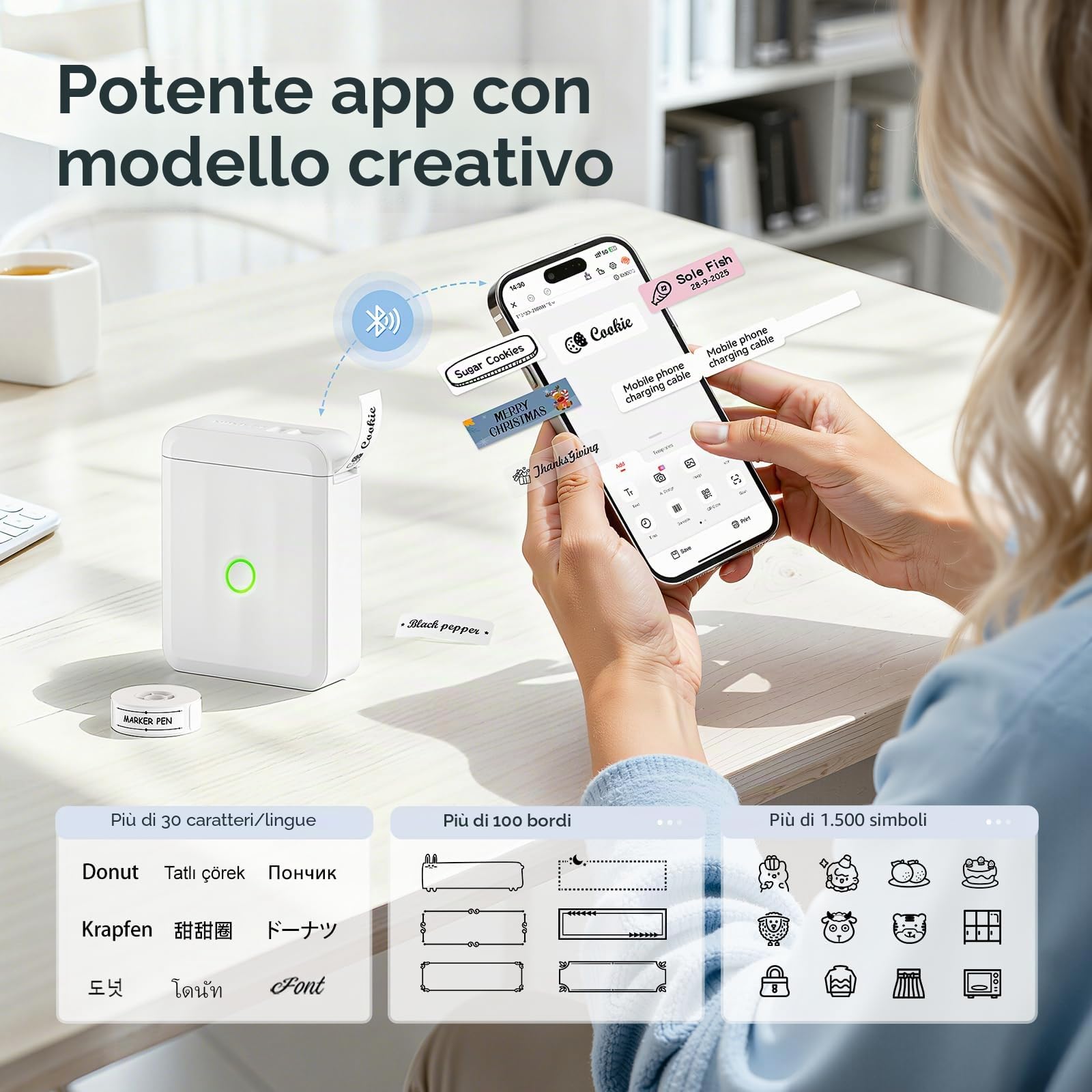 NIIMBOT D110 Mini Stampante Etichette Bluetooth, 60+ Caratteri, 1000+ Icone, Bianco