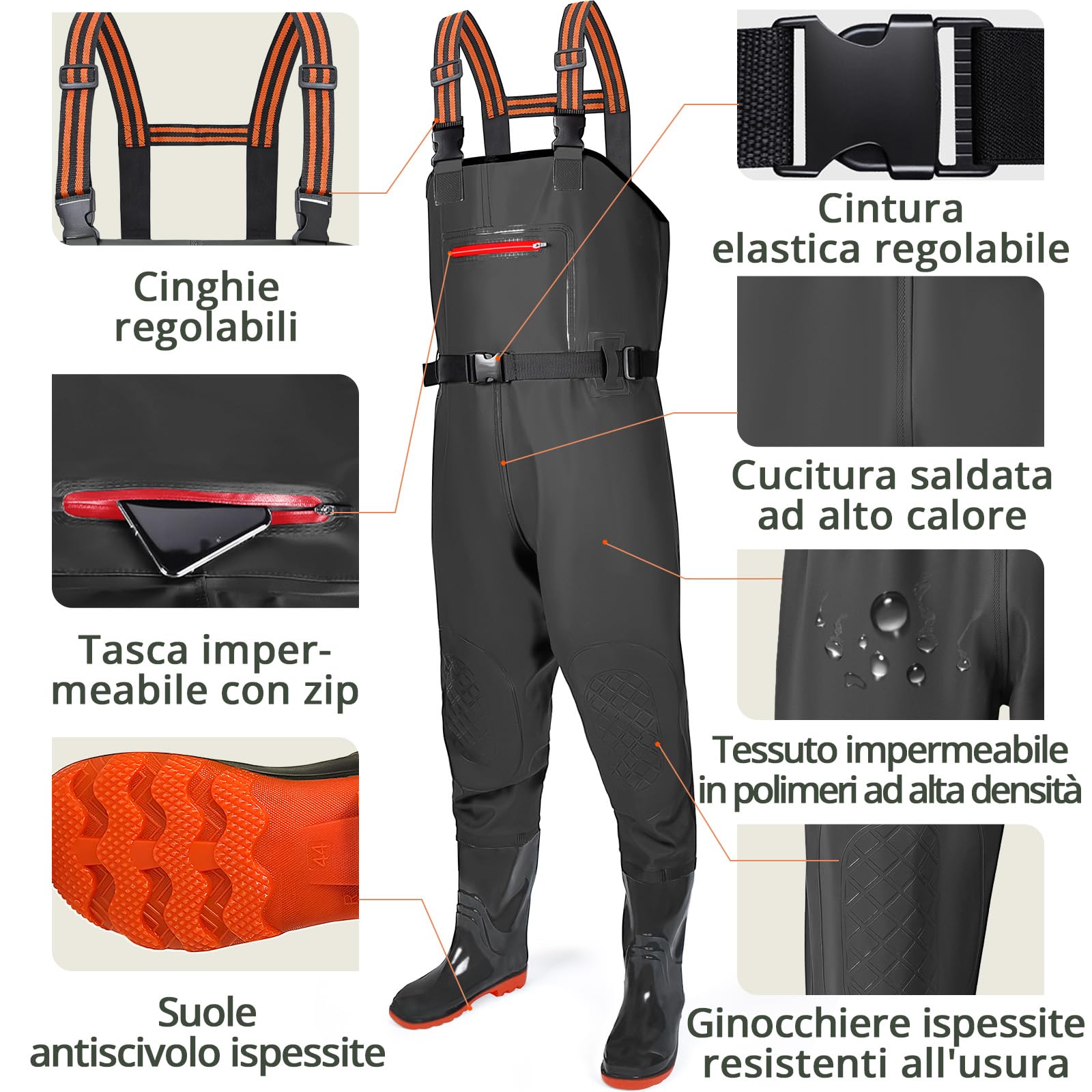 YOOHBERRYS Waders Pesca da Uomo, Waders da Uomo con Stivali da Pesca 42-46, Waders Trampolieri da Pesca, Pantaloni Impermeabili Antiscivolo Regalo per Amanti Pesca Sportiva
