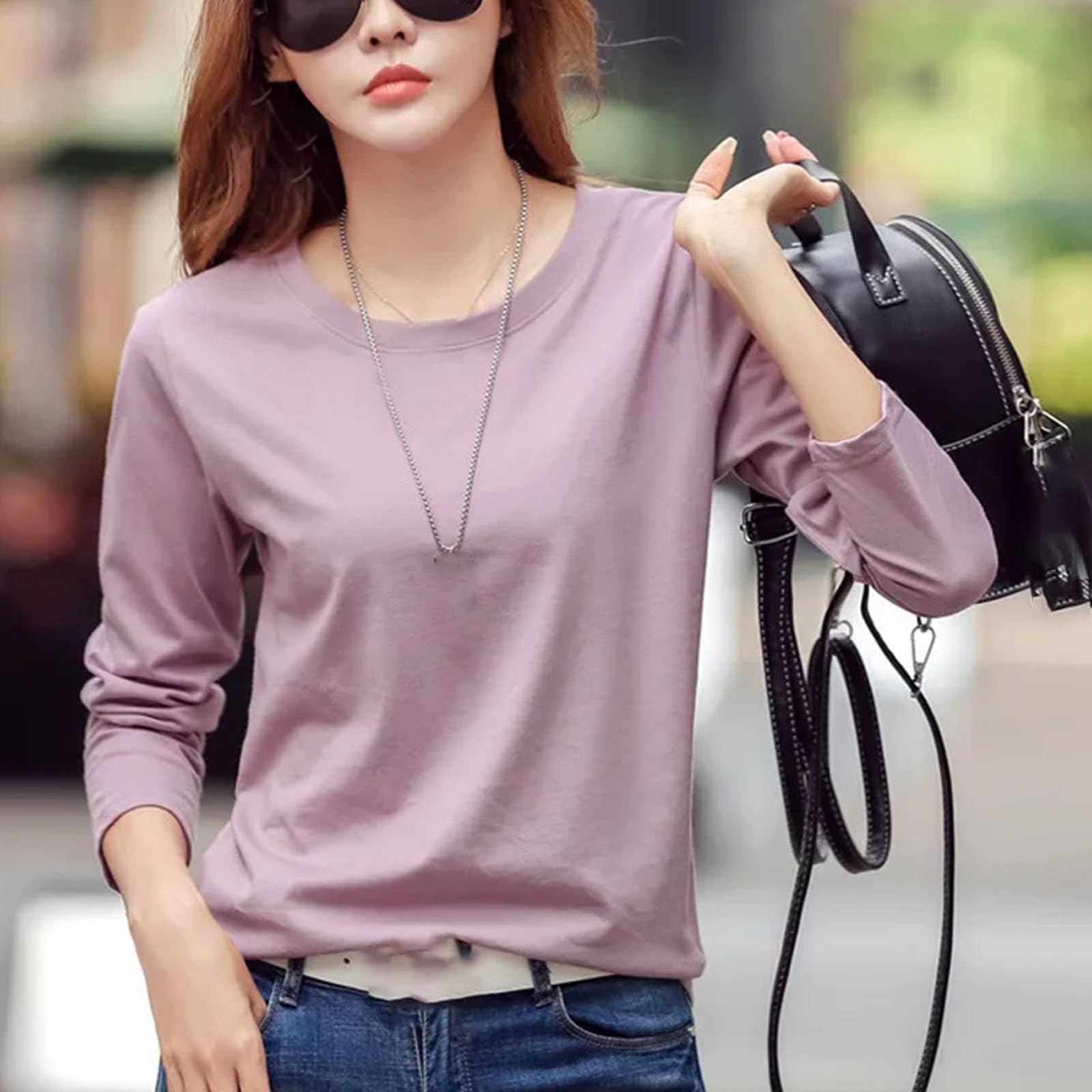 Manica lunga Donna Girocollo Top Bottoming Camicia Plus Size Large Size T-Shirt Cotone Tinta unita Abbigliamento Donna