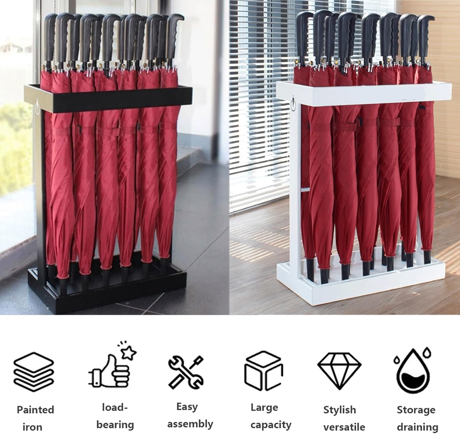 Stylish Black Metal Umbrella Stand with Removable Water Tray & Decorative Hooks Independent Rectangular Design Perfect for Entryway 12 Grids for Maximum Capacity