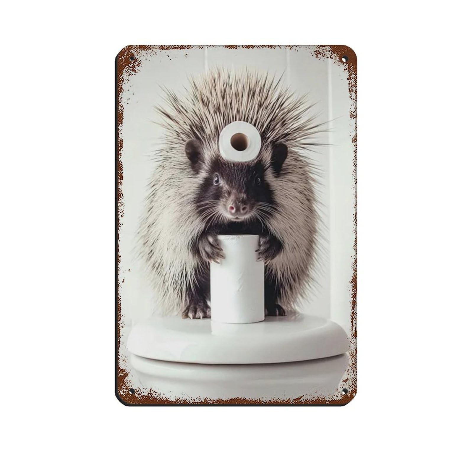 Lxwnze 20L X 30W Cm Porcupine With A Toilet Paper Roll On Head Tin Sign Vintage Metal Pub Club Cafe Bar Home Wall Art Decoration Poster Retro 8X12inch(20X30cm)