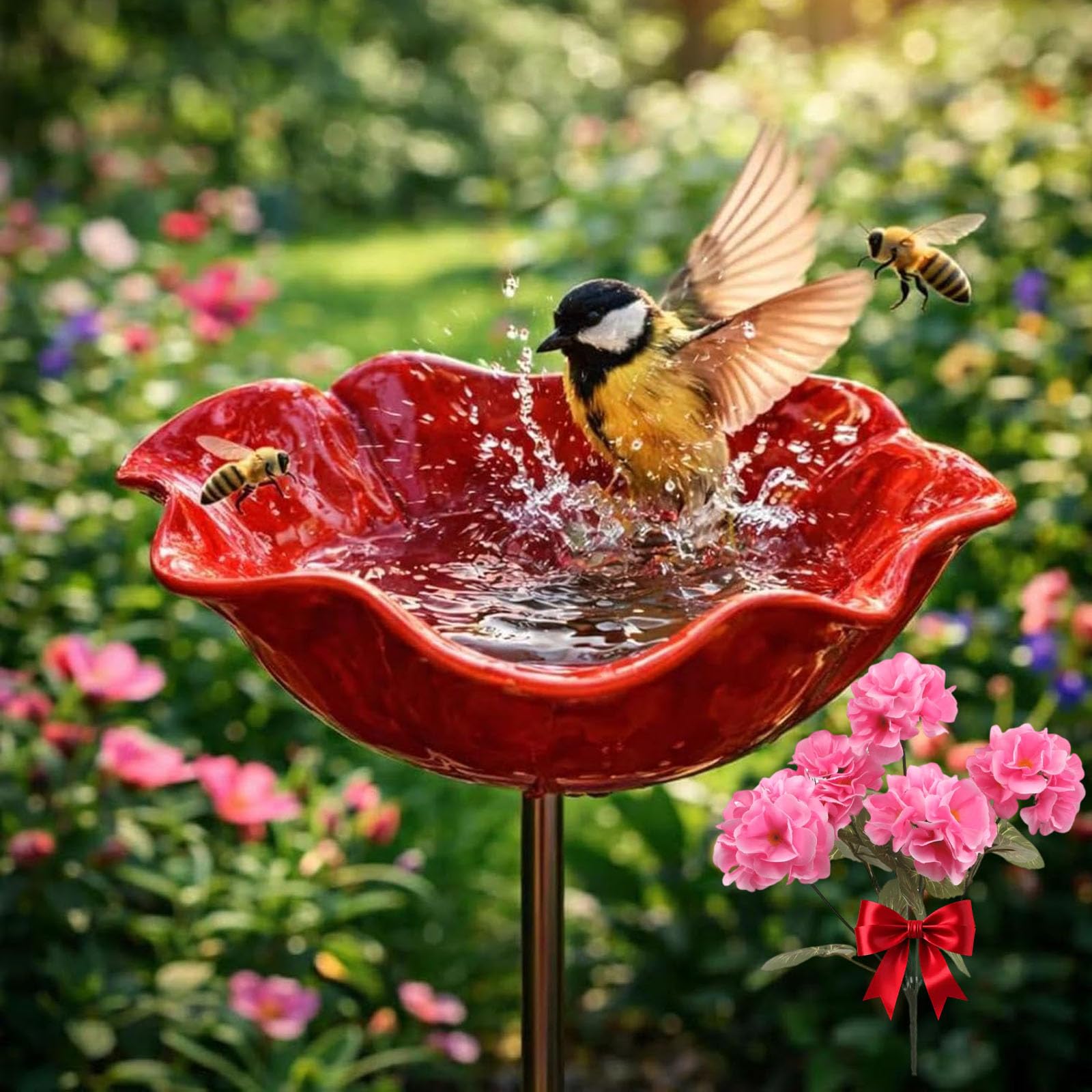 Qosigote 2026 New Metal Flowers for Garden, Dual-Function Metal Flower Stakes, Bee Watering Station, Provides A Safe Drinking Spot for Bees,Bird And Butterflies, Yard Lawn Patio Landscape Decor (Red)