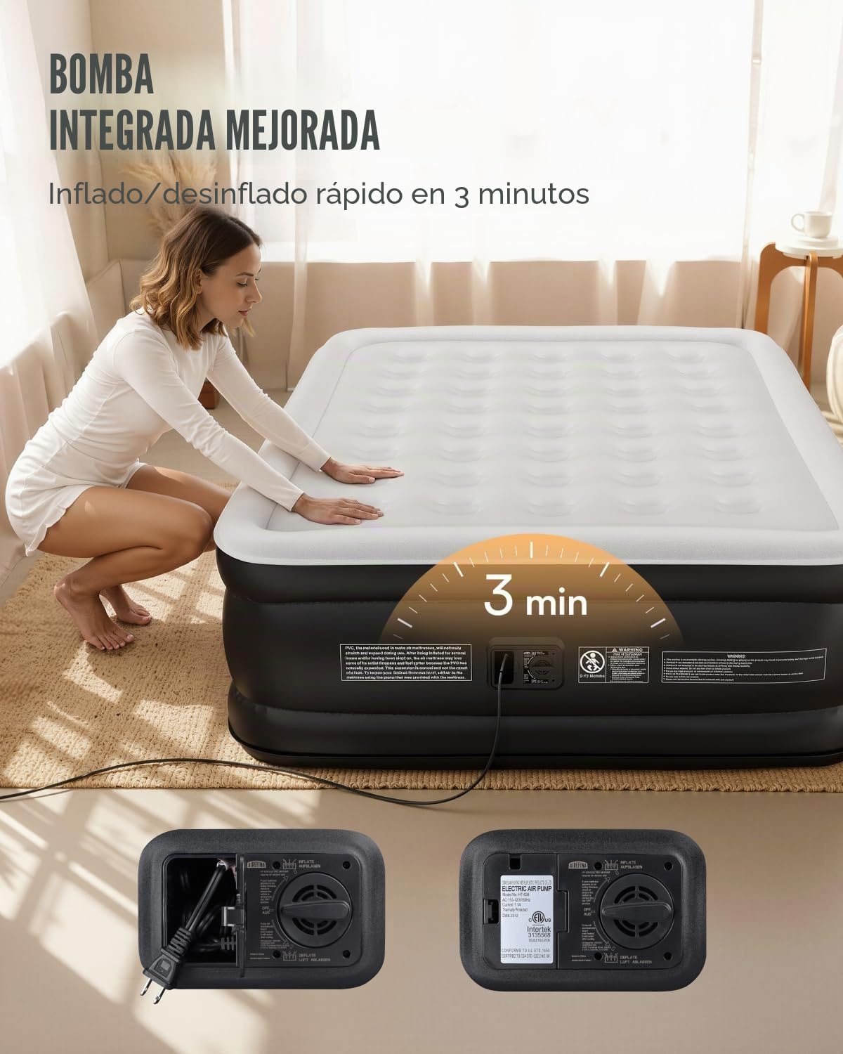 Airefina Colchón Hinchable Matrimonio, Colchon Hinchable con Bomba Integrada, Colchon Inflable para Uso doméstico y de Invitados, Cama Inflables Cómodo 152 x 203 x 46 cm,Máx 340KG,Cama Matrimonial