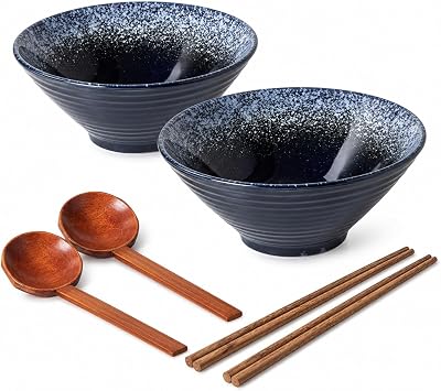Japanese Ramen Bowl Set of 2, 40oz Large Ceramic Noodle Bowls with Spoons and Chopsticks, Microwave & Dishwasher Safe Soup Pho Bowl for Asian Food, Ideal for Home, Dorm, Gift