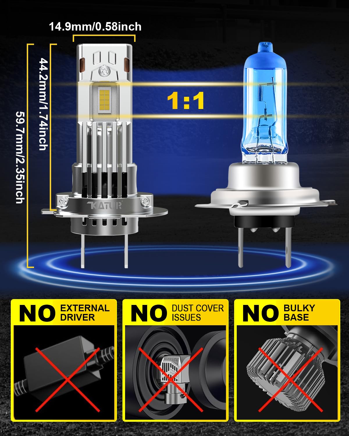 KATUR Bombilla LED H7 para faros delanteros, 800% más brillante, 40000 lm, 200 W, 6000 K, blanco brillante, foco H7 para faros delanteros con ventilador de refrigeración, tamaño 1:1 Plug & Play