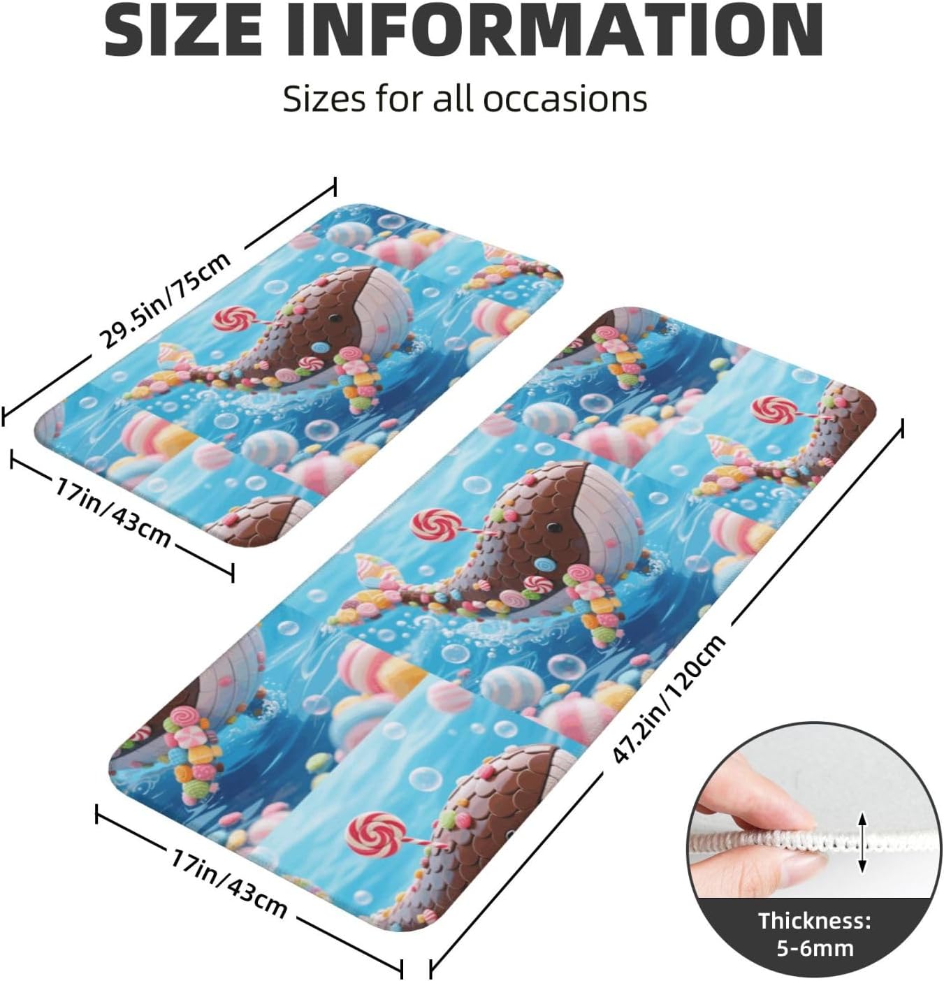 Candy Whale Kitchen Rugs Set of 2, Cushioned Anti-Fatigue Kitchen Mats for Floor, Waterproof Comfort Standing Mat Absorbent Velvet Kitchen Runner Rugs 17"x30"+17"x47"