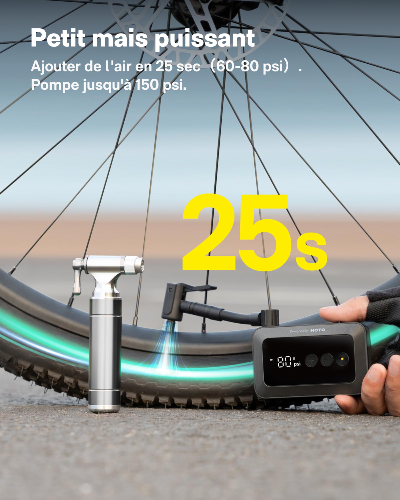 HOTO Mini Pompe à Vélo - Gonflage Rapide 25s avec Manomètre, Arrêt Auto, Pompe à Air Électrique Portable 150PSI avec Valves Presta et Schrader pour Vélo de Route, VTT, Moto, Voiture, Ballons de Sport