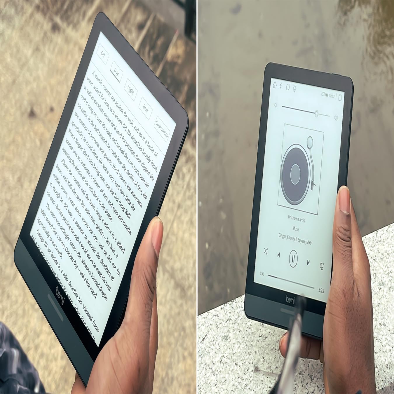 A person holding the Bemi Cognita Tab 6+ E-Reader, displaying text on its E-Ink screen, demonstrating its use for reading.