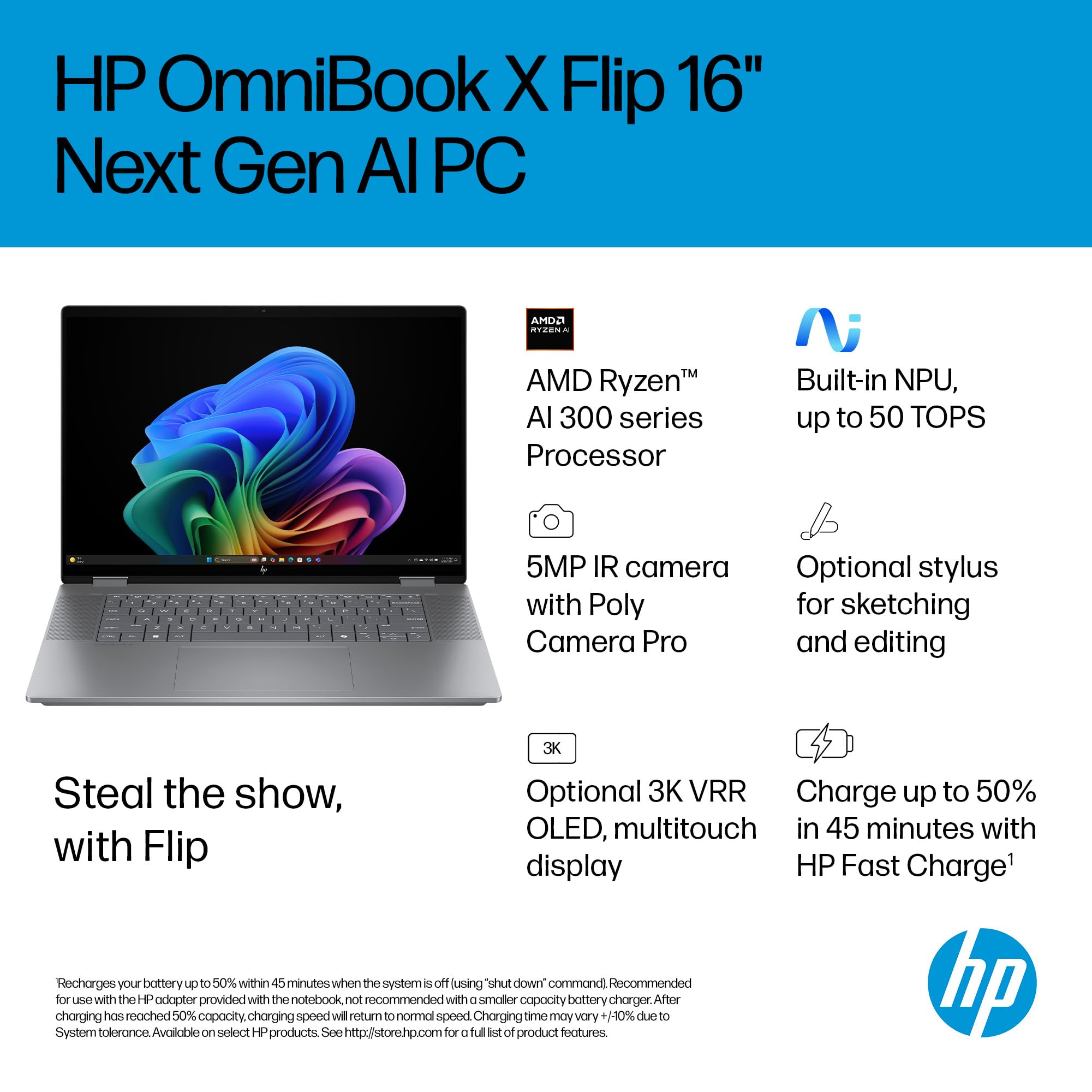 HP OmniBook X Flip NGAI 16" Laptop | CoPilot+ PC | AMD Ryzen AI 5 340 Processor | 16GB RAM | 512GB SSD | AMD Radeon 840M Graphics | 2K Touchscreen | Up to 21 Hrs Battery | Windows 11 | 16-ar0004sa — view 4