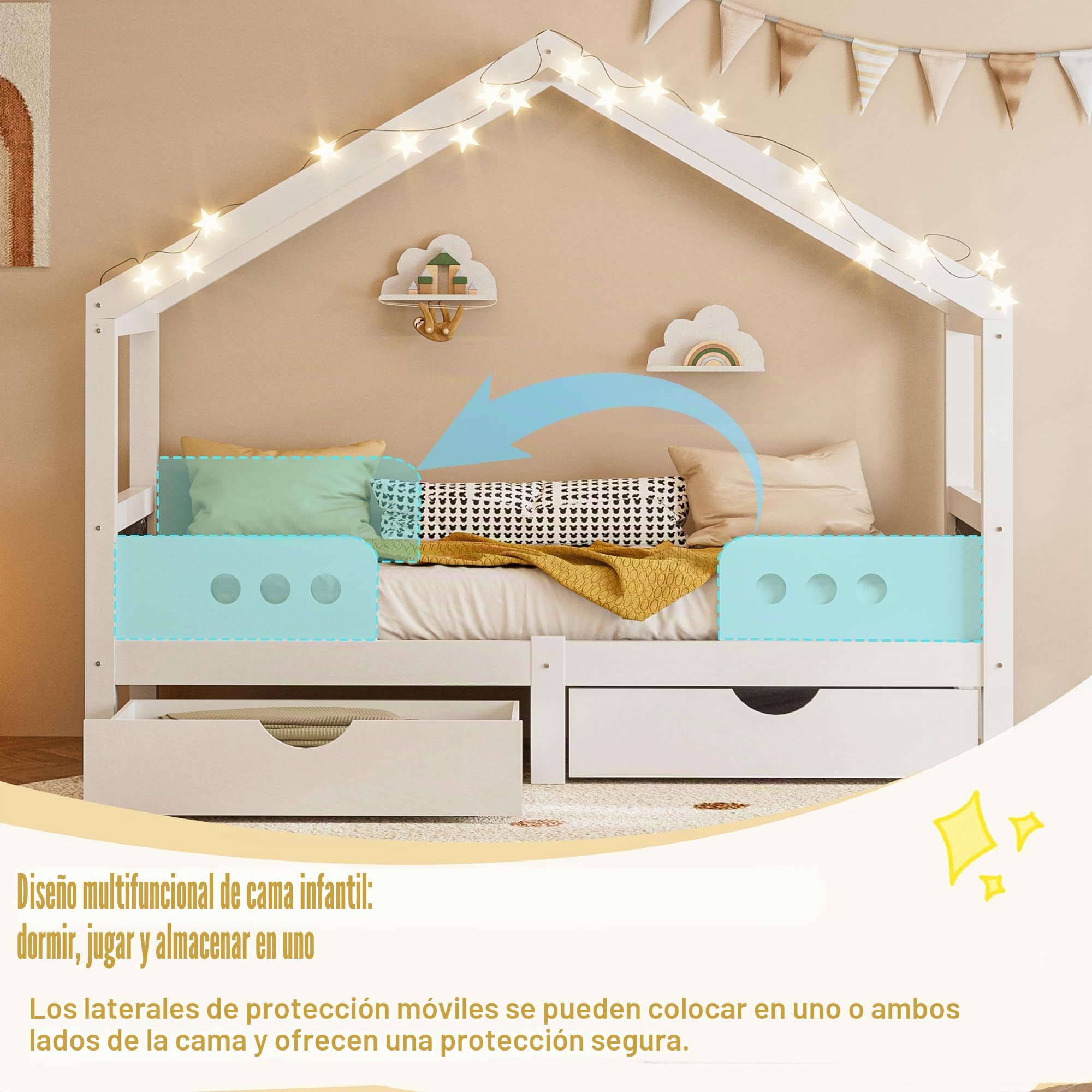 Cama infantil con techo 90 x 200 cm, color blanco, cama con 2 cajones grandes, pizarra en el cabecero, estructura de madera estable+tablero de fibra de densidad media, soporta hasta 120 kg