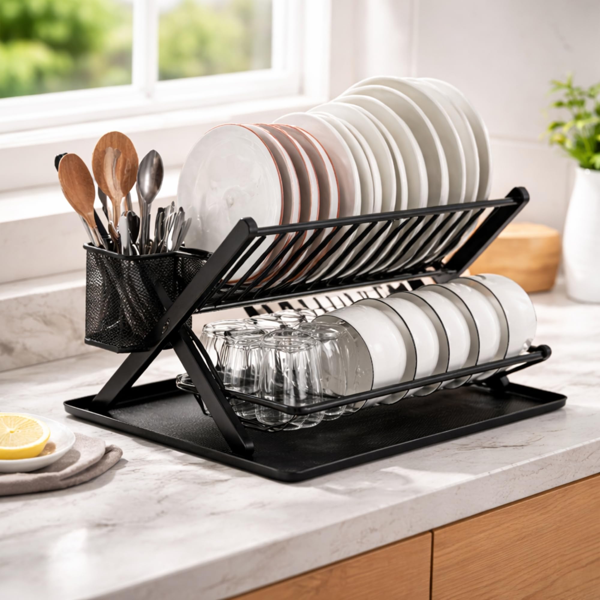 EGOUTTIA - Escurridor para platos (2 niveles), color negro con bandeja de recuperación, estante para escurrir de acero inoxidable y PP, escurridor, diseño grande y plegable para fregadero de cocina