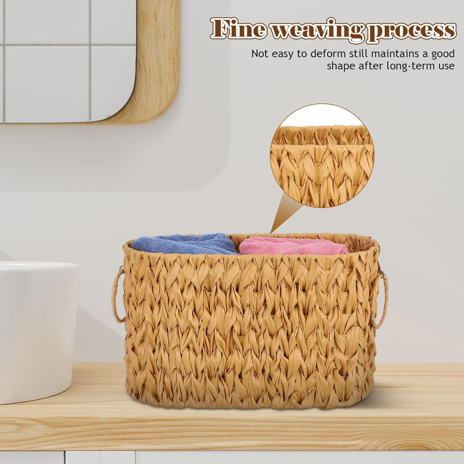 Toilet Paper Storage Basket Holder with Handle, Rectangular Woven Imitation Rattan Organizer for Bathroom and Pantry, Linen Color Toilet Tissue Box Organizer