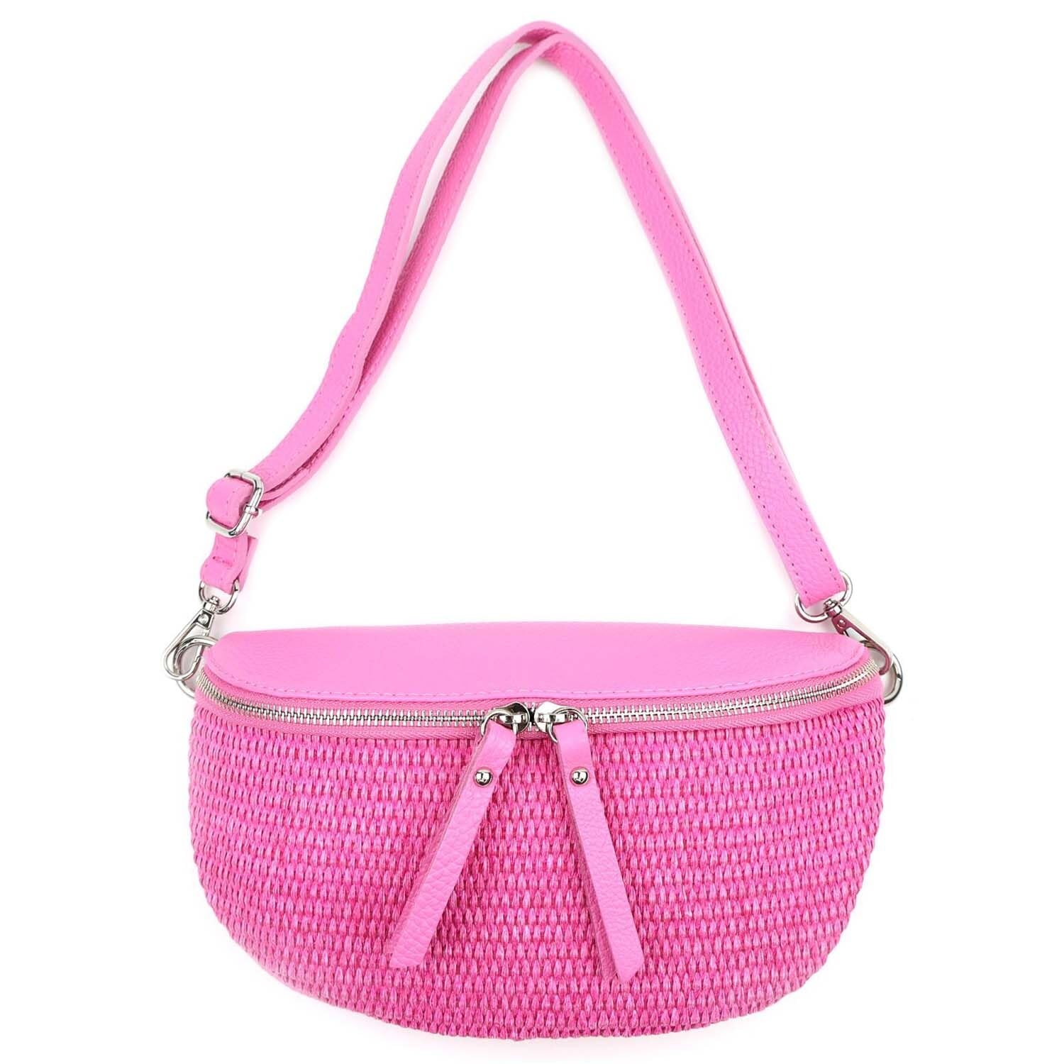 Made in Italy Damen Leder Tasche Basttasche Schultertasche Gürteltasche Sommer Strandtasche Crossbody Bauchtasche Umhängetasche Cross-Over Bodybag Handytasche Geflochten Bast Abendtasche