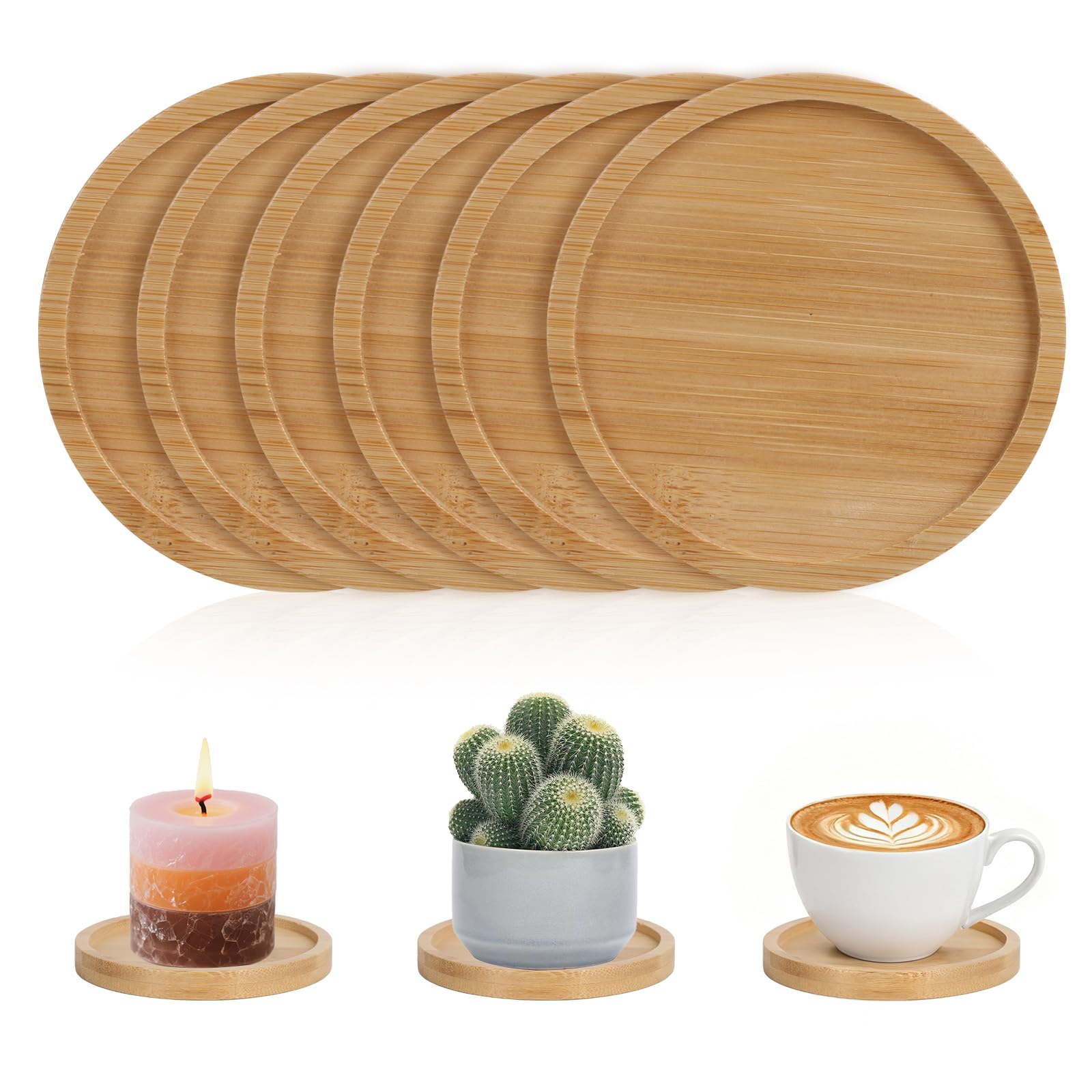 AYSYR Kerzenteller Multifunktional Wiederverwendbar Deko - 6 Stück Untersetzer Bambus Inner D 8 cm,Untersetzer für Partydekoration,Hochzeitskerze Untersetzers,Candle Holders für Tassen,Pflanzen usw