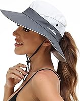AEFSHAN Women's Wide Brim Sun Hat - UPF 50+ UV Protection Foldable Mesh Ponytail Bucket Hat for Beach & Fishing