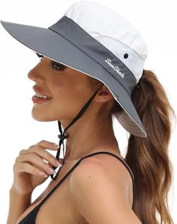 AEFSHAN Women's Wide Brim Sun Hat - UPF 50+ UV Protection Foldable Mesh Ponytail Bucket Hat for Beach & Fishing