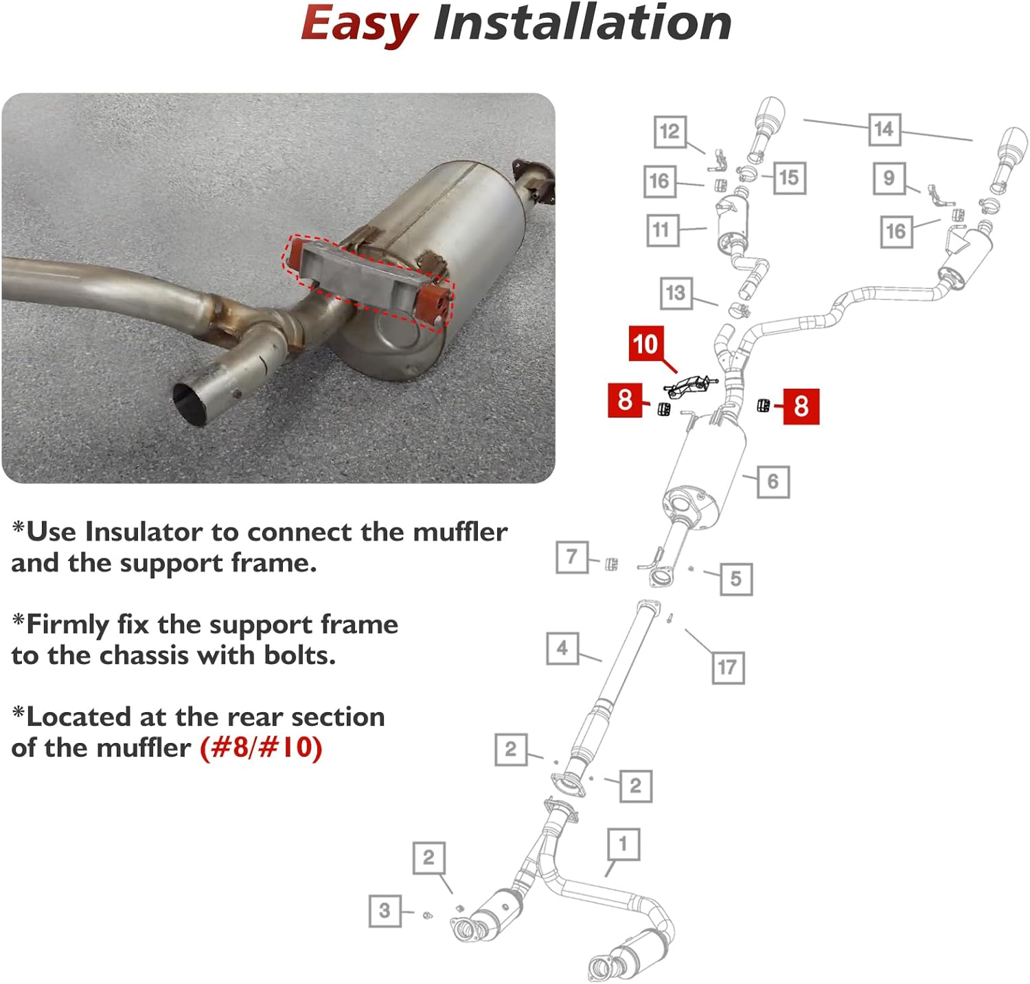 68268197AA Exhaust Muffler Hanger Bracket with 2pcs 68332439AA Rubber Exhaust Insulator Hanger Isolator Kit Compatible with RAM 1500 3.0L/3.6L/5.7L/6.2L 4WD 2019-2025