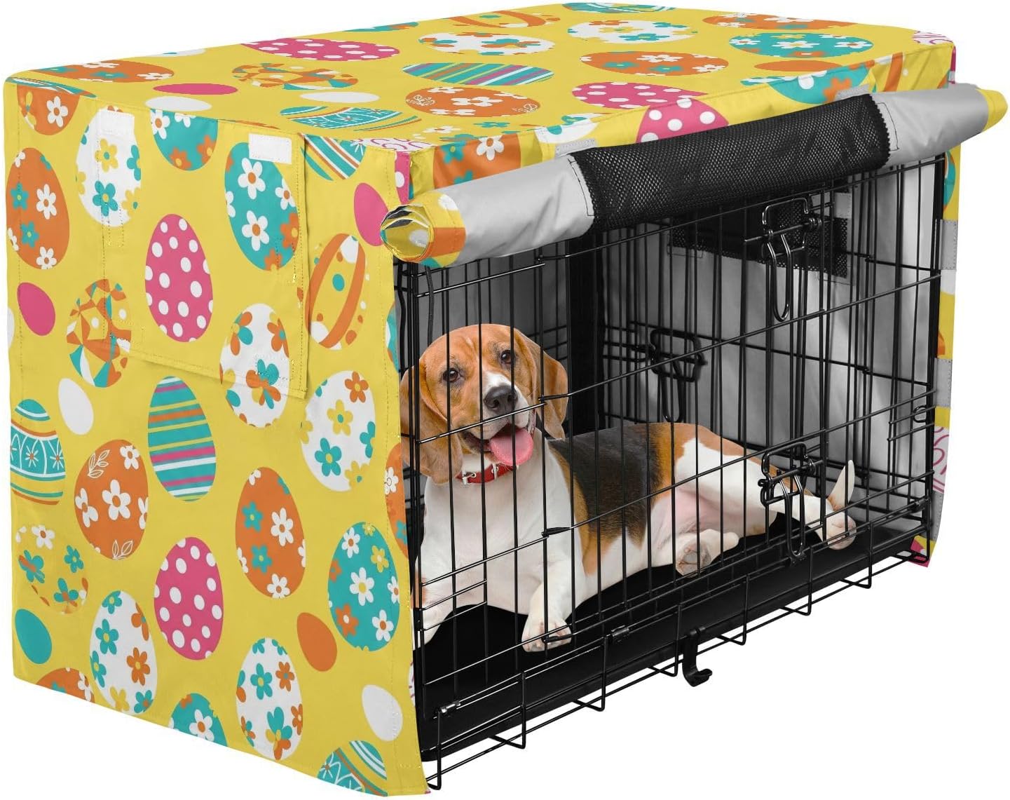 Colorful Easter Eggs Yellow Dog Crate Cover S-XL Breathable Pet Kennel Cover with Mesh Windows, Reduces Barking, Large