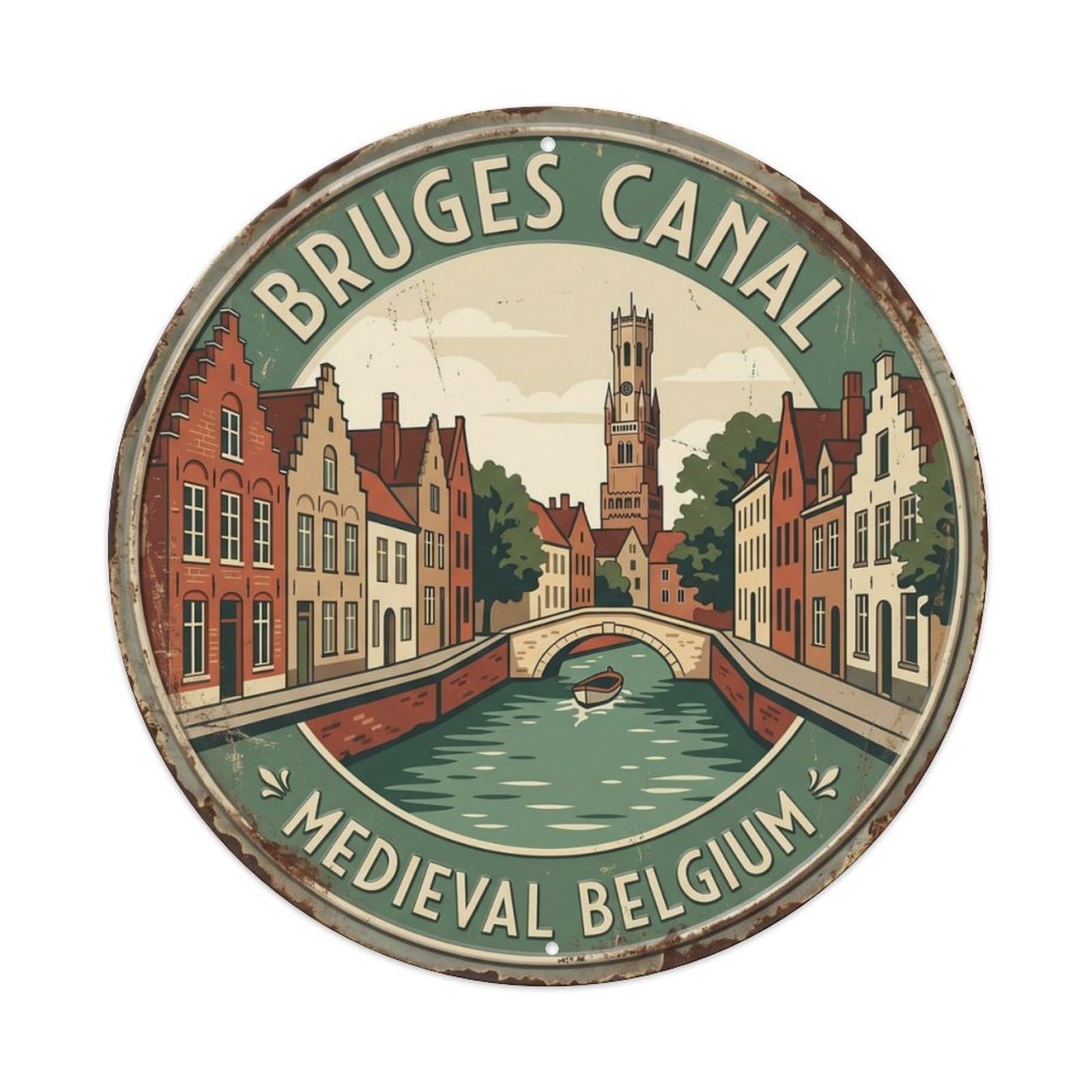 Bruges Canal Medieval Belgium Waterway Metal Tin Sign Plaque Wall Decor for Cafe, Club Bar, Office, Home Garden Round Metal Poster 8x8Inch