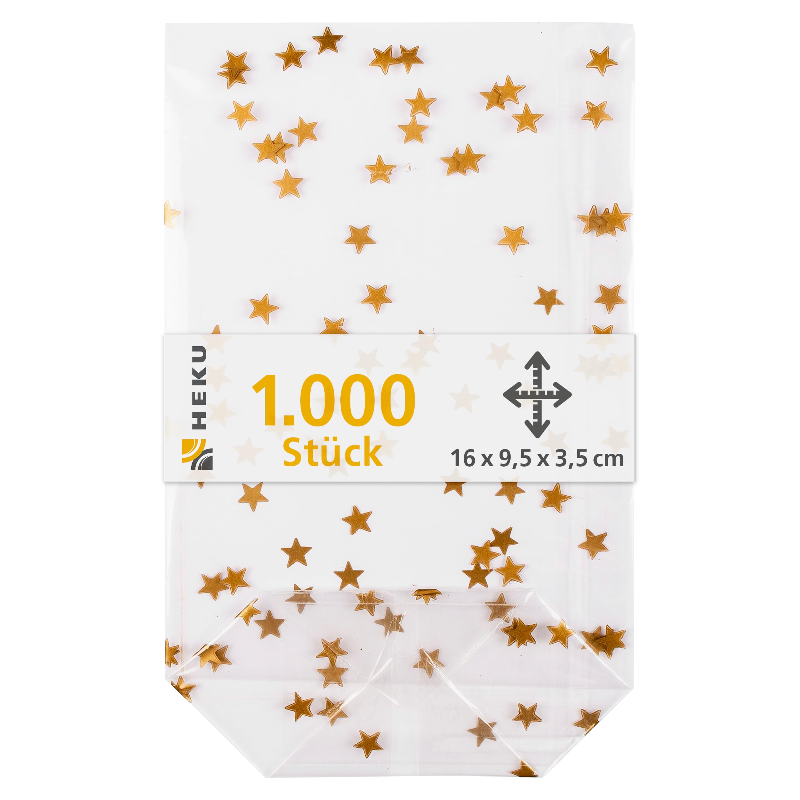 HEKU 1000er Packung Transparente Bodenbeutel mit goldenen Sternen 160x95x35mm I Stabiler Kreuzboden I Reißfestes Polypropylen Material I Ideal für Weihnachten & selbstgebackene Plätzchen
