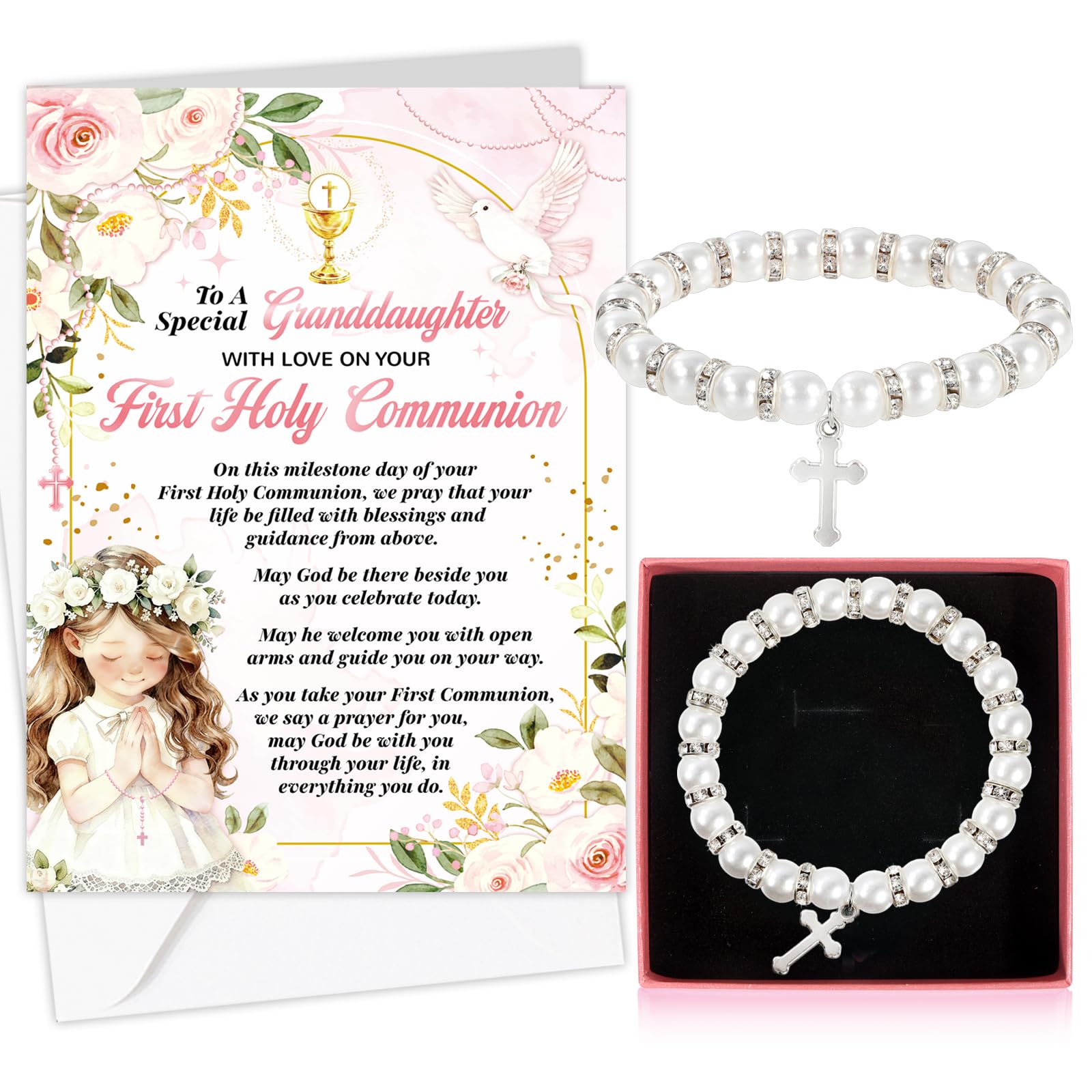 HOWAF First Holy Communion Card for Granddaughter, Congratulations Card & Pearl Cross Bracelet, Gift Box for 1st Holy Communion Gifts for Granddaughter