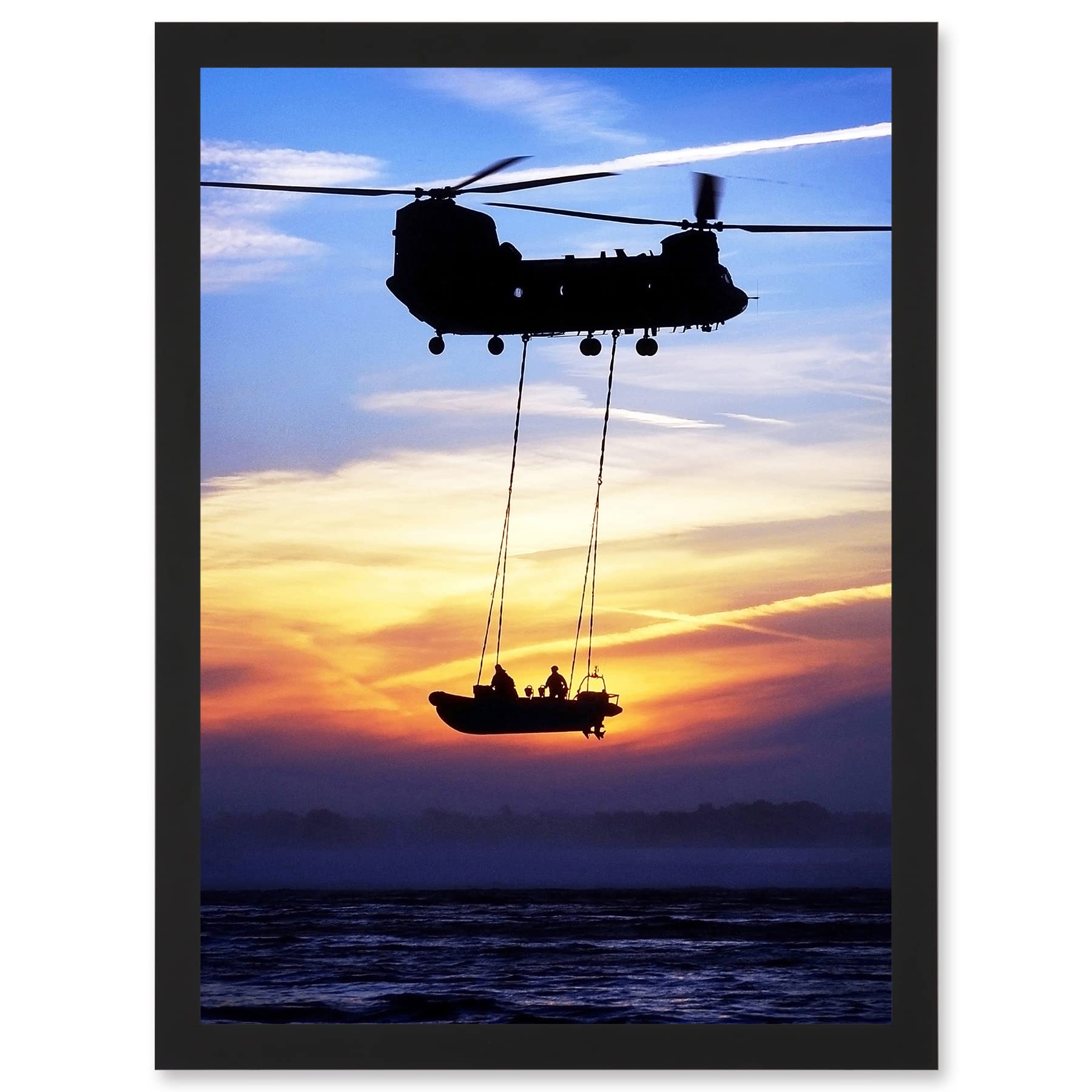 Artery8 Military UK British Chinook Helicopter Royal Marines Artwork Framed Wall Art Print A4
