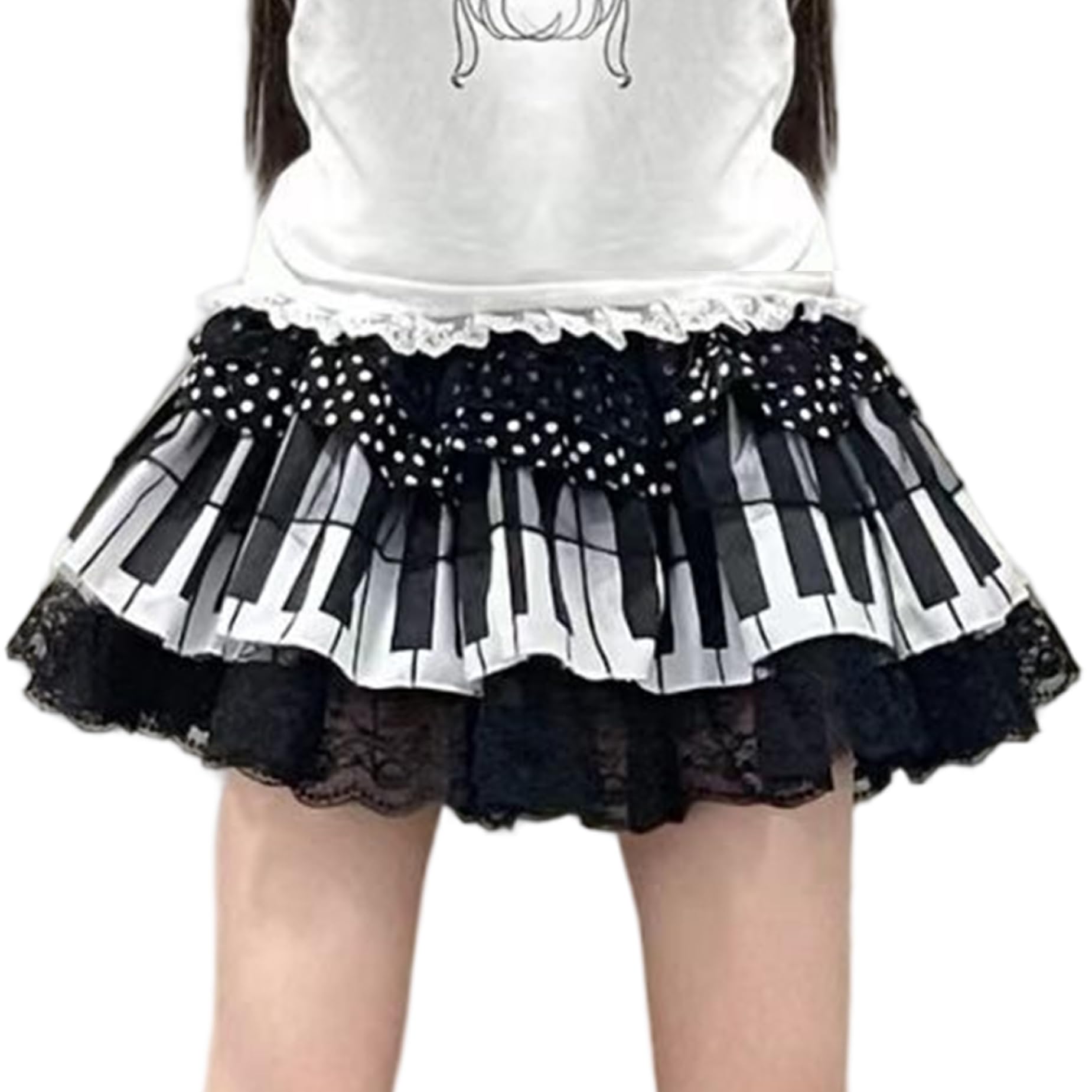 Klavierrock trendy Klavierschlüssel Plissierte süße Spitzenröcke mit elastischer Taille für Frauen Teenager Mädchen, Schwarz und Weiß