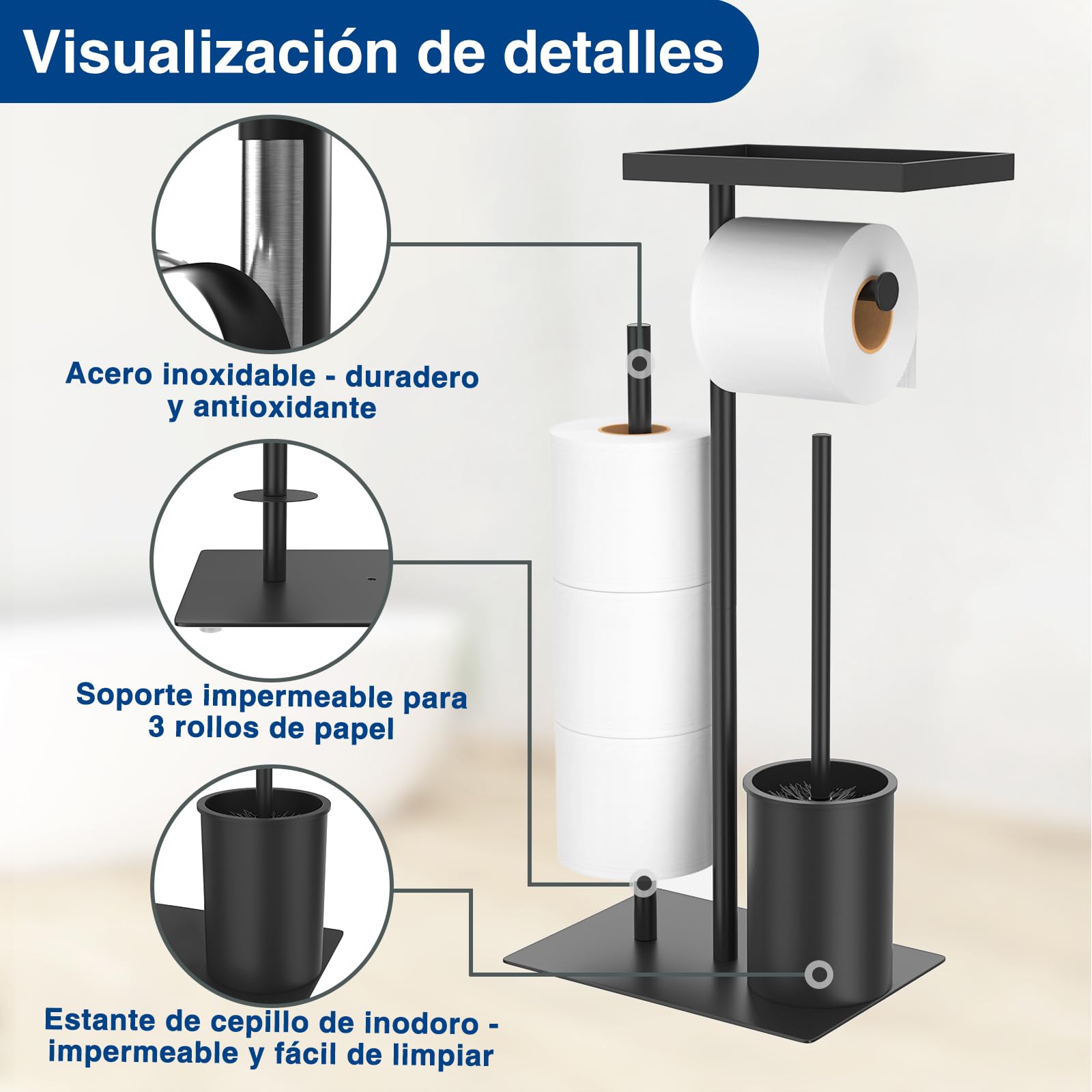 Portarrollo de acero inoxidable higiénico con escobilla, bandeja y soporte para papel