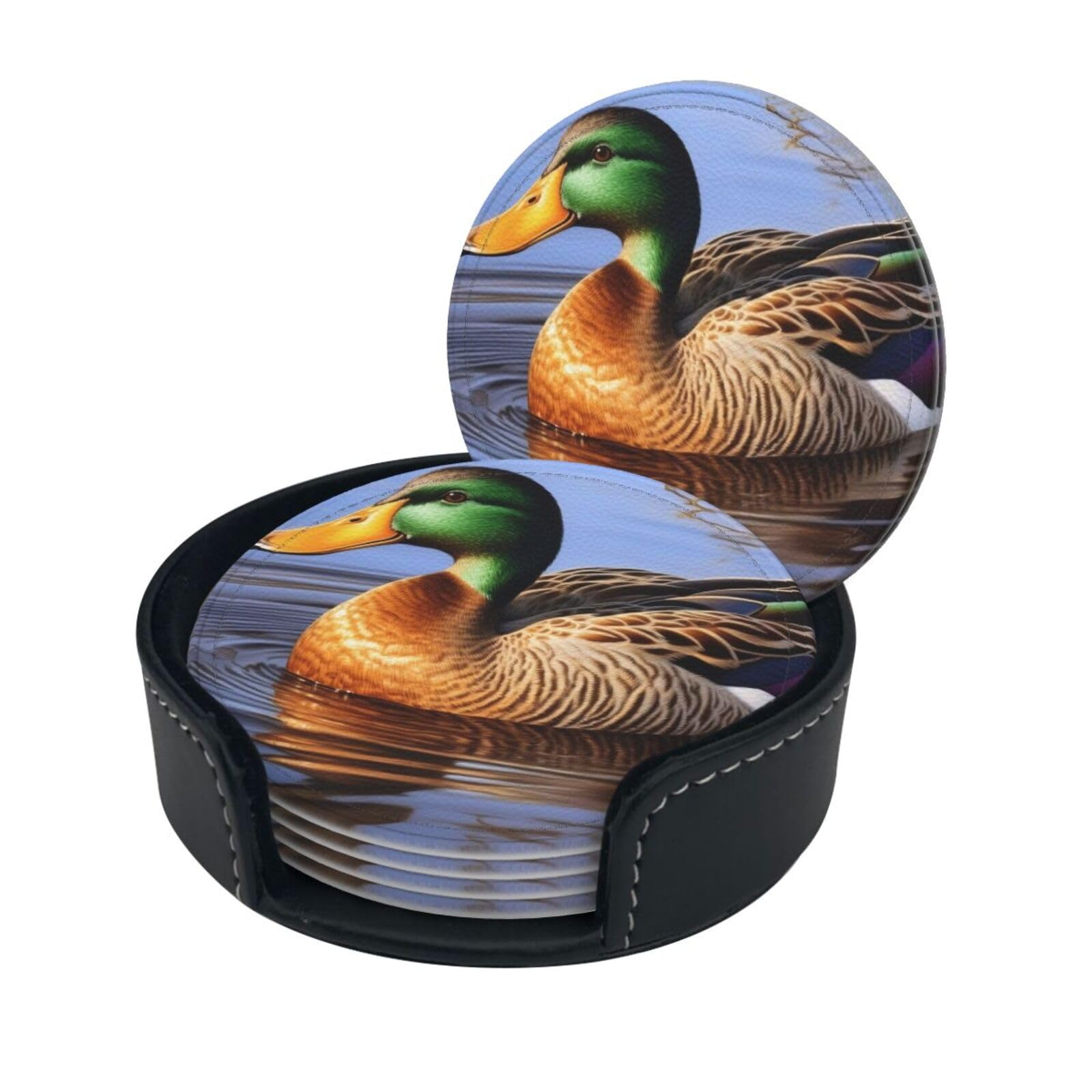 Stylish Coasters - Mallard Duck Set of 6 Round Leather Drink Coasters with Holder - Perfect Size for Cups and Glasses