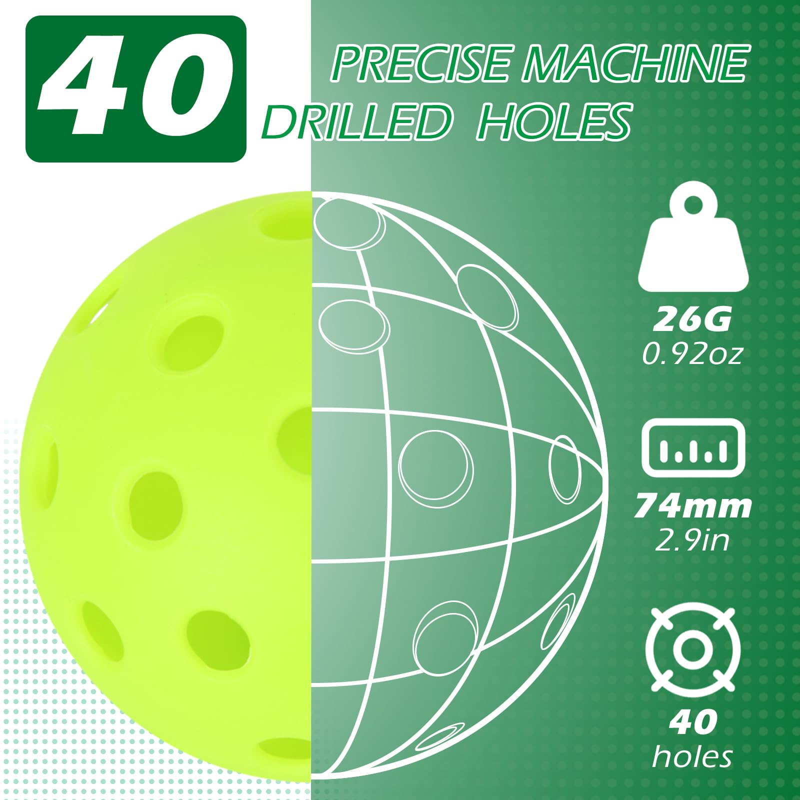 Palline da pickleball da esterno, 40 fori, confezione da 3/12/48 per sport all'aperto, rimbalzo elevato e durevole sottaceto per tutti gli stili di paddle e campi con borsa