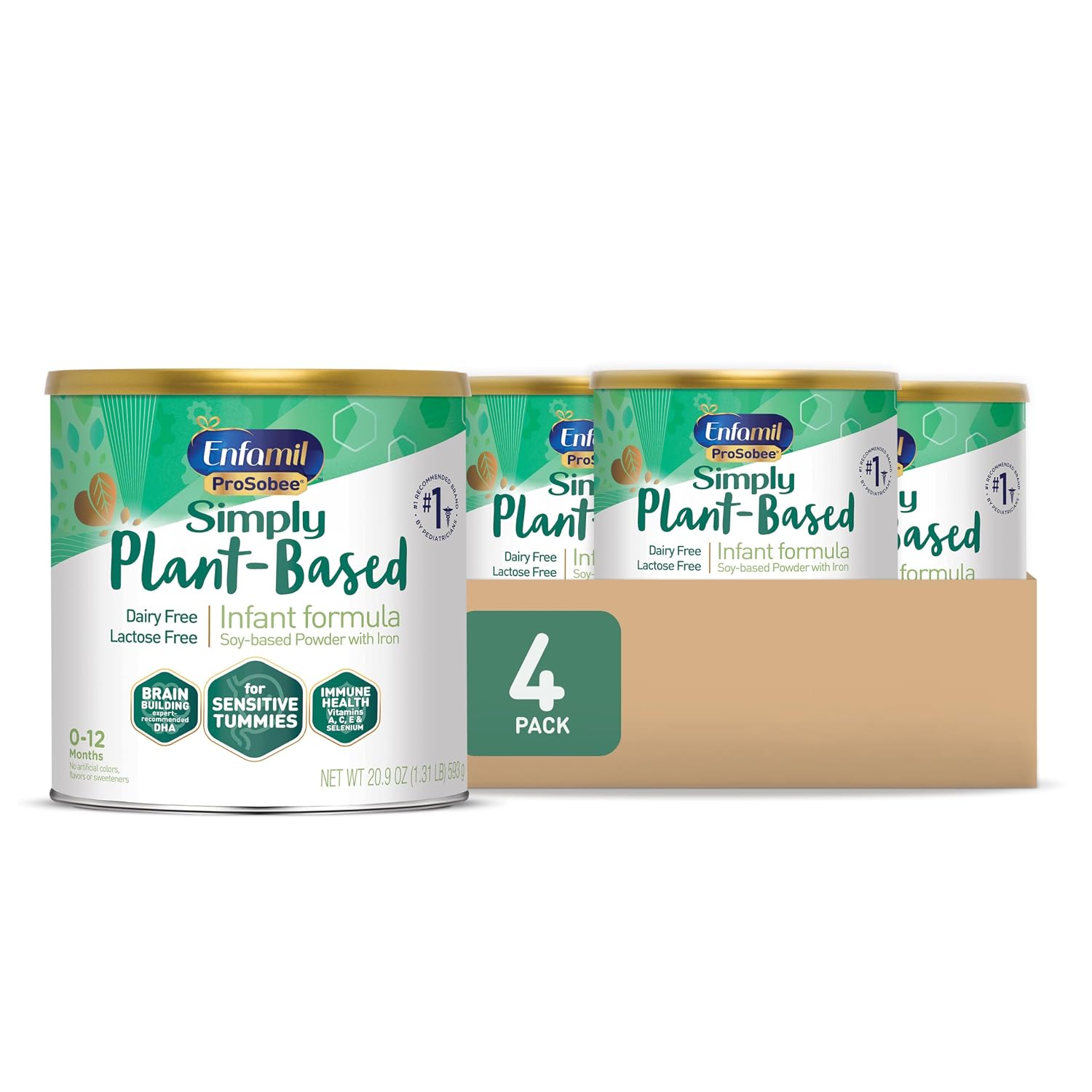 Plant based Baby Formula, Enfamil ProSobee for Sensitive Tummies, Soy-based, Plant Sourced Protein, Lactose-free, Milk free 1.31 Pound Pack of 4