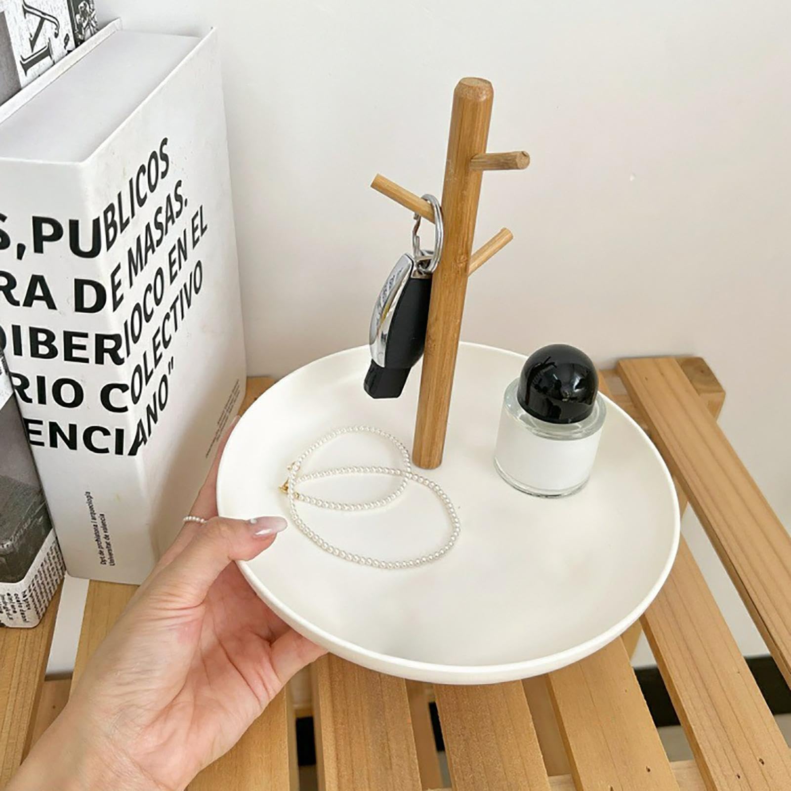 Générique Uchwyt na klucz, miska na klucze, walizka na stół, drewniany 3-poziomowy organizer bambusowy, pojemnik na perfumy, stojak na drewno, biżuteria, portfel, telefon, eleganckie rozwiązanie do