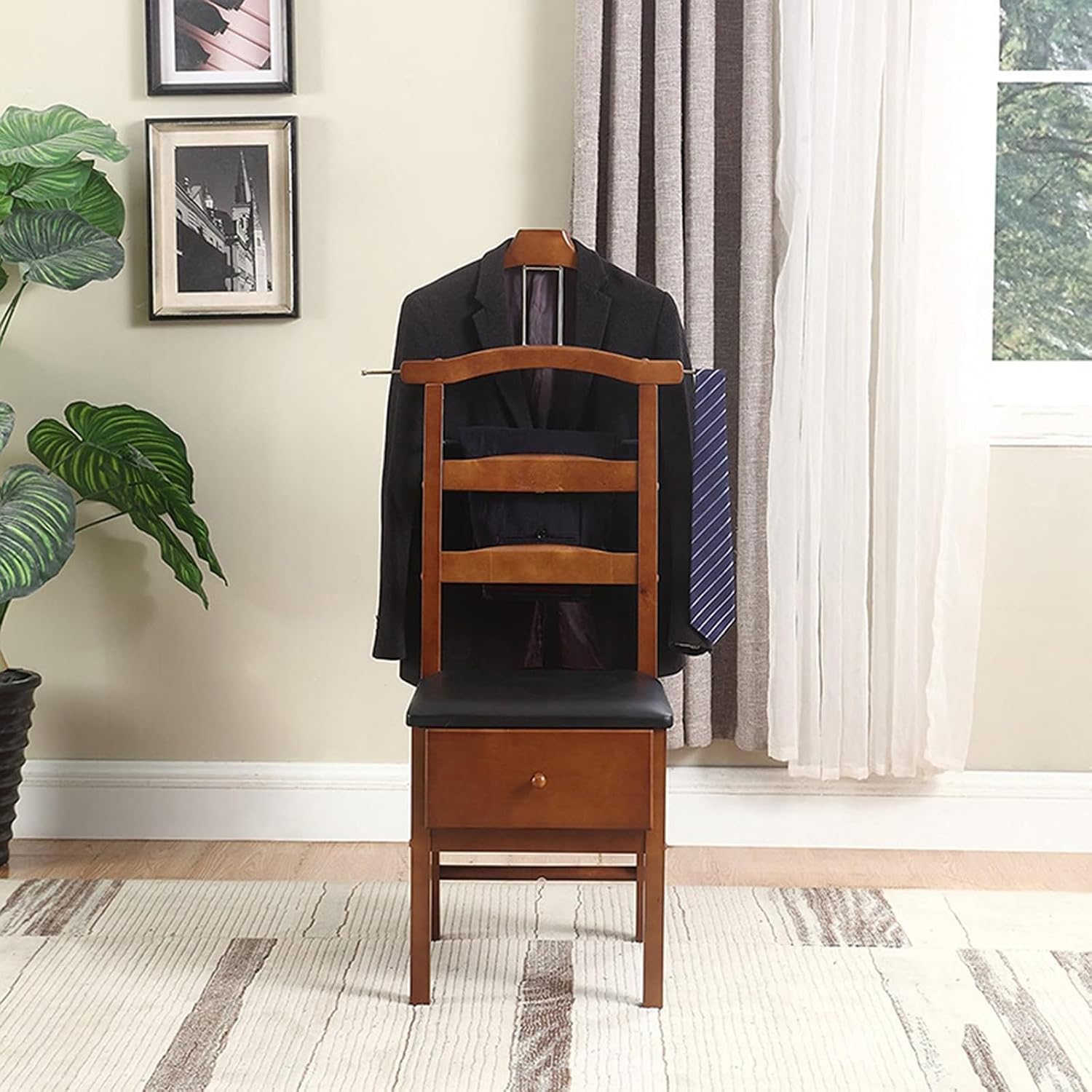 Premium Wooden Suit Valet Stand with Drawer, Padded Seat, Hanger, Trouser Bar & Tie Hooks – Multifunctional Wardrobe Organizer for Men and Women, Ideal for Office, Bedroom and Entryway