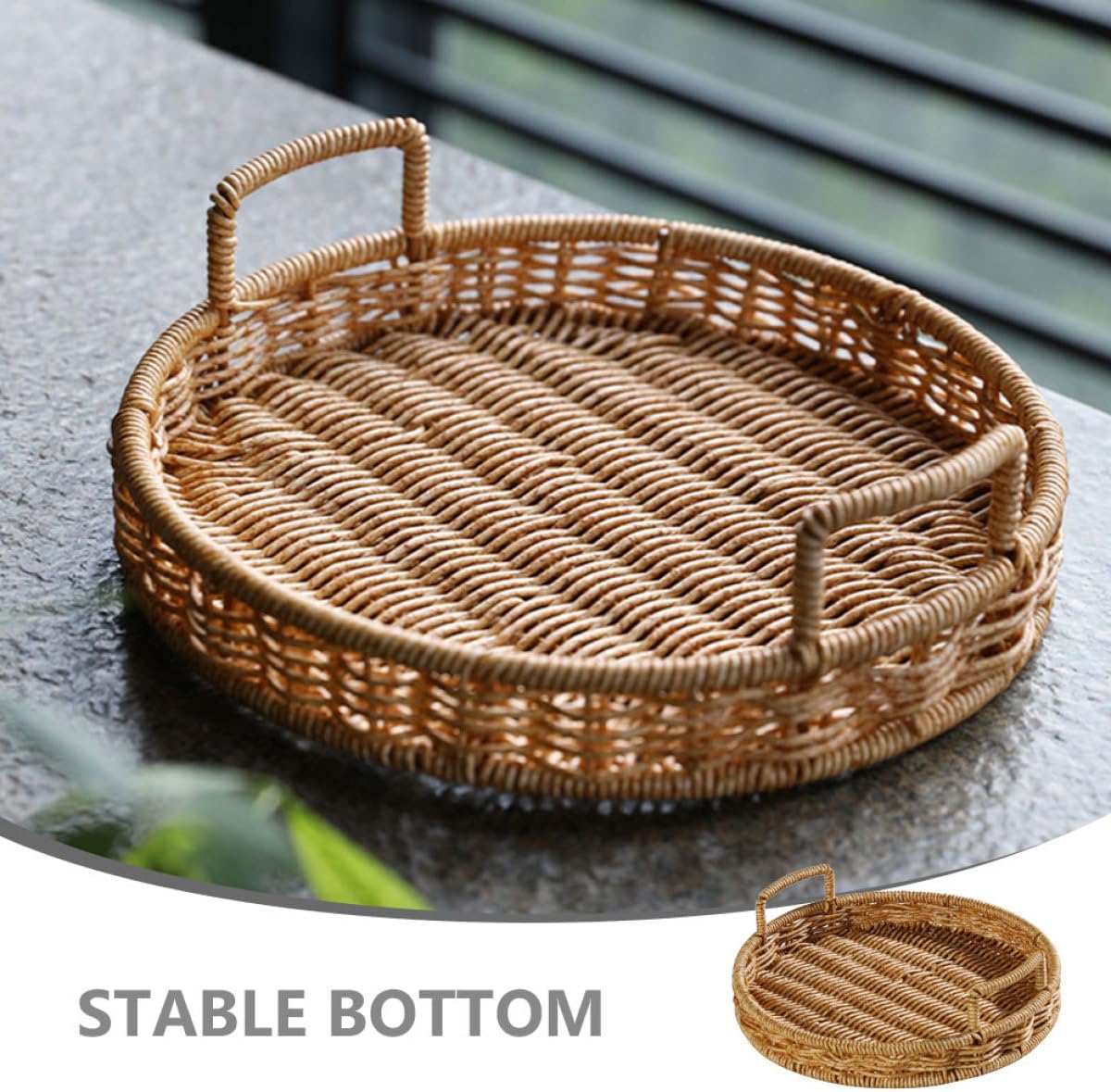 Artibetter Woven Bread Basket Small Size with Handles, Decorative Imitation Rattan Storage Organizer for Home Kitchen Snack Serving and Fruit Display