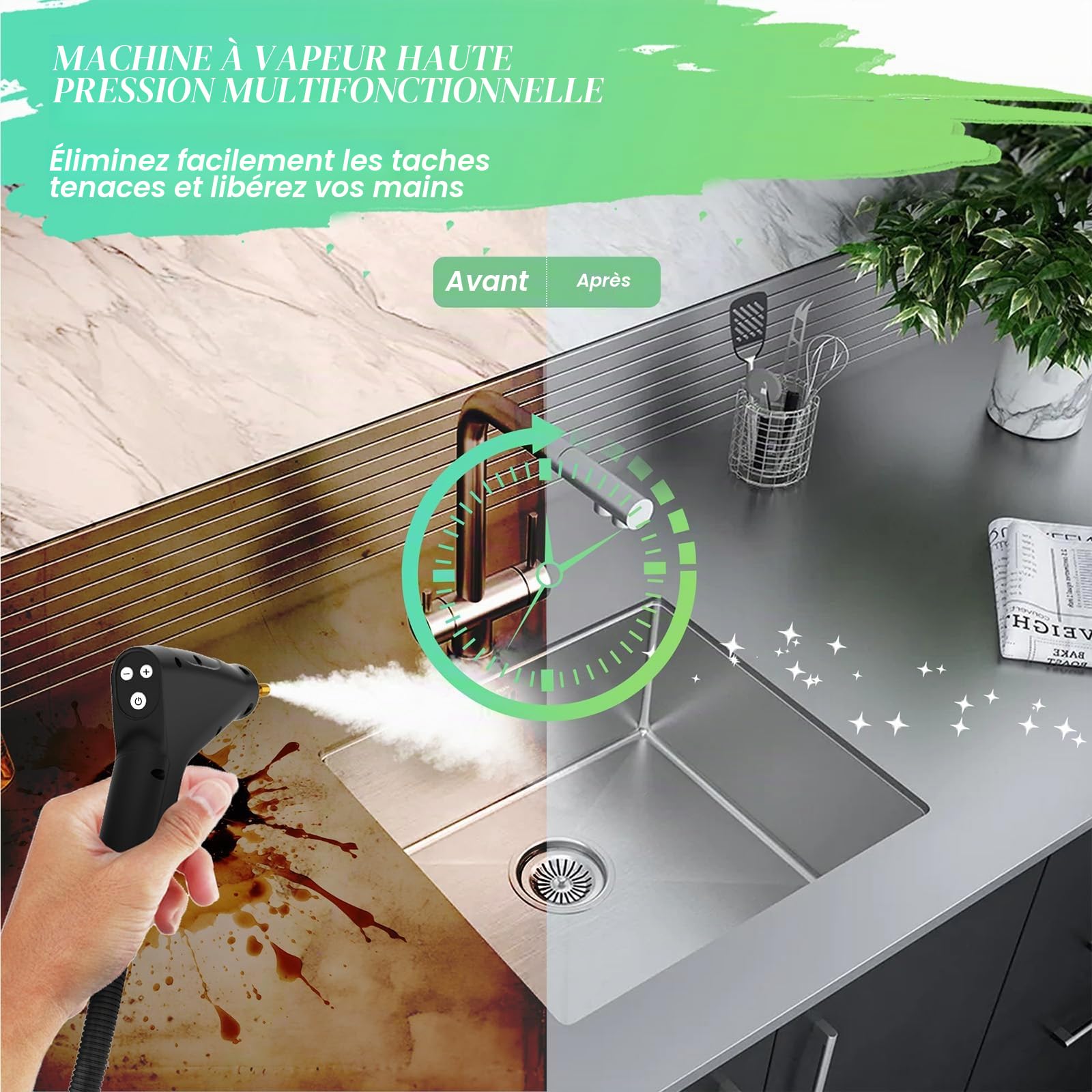 Nettoyeur Vapeur 2500W – 3 Bars, Chauffage 15S, Nettoyeur à Vapeur à Main avec Bouton Tactile Réglable, 4 Têtes de Brosse, Poignée Réglable 3 Niveaux, pour Cuisine, Salle de Bain, Voiture et Carrelag