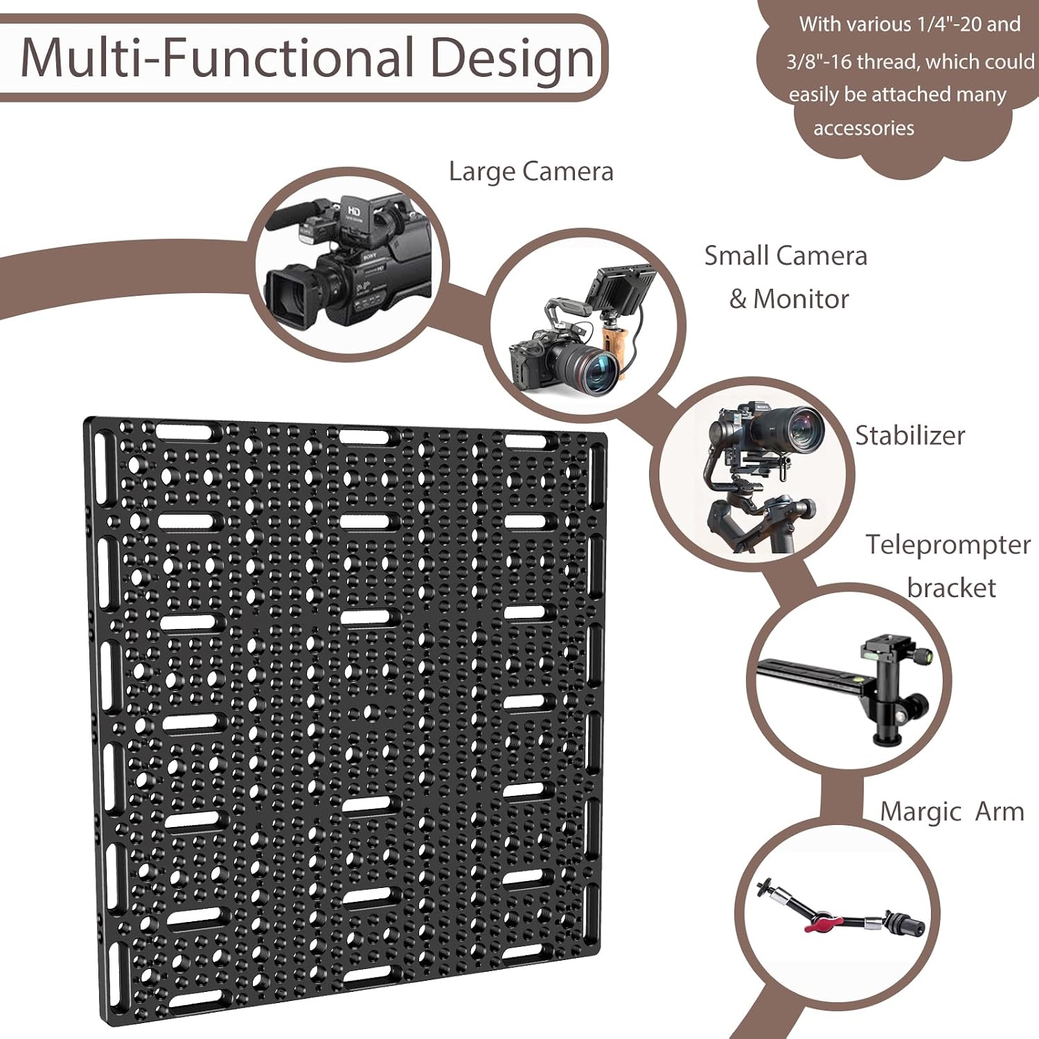 Multi-Functional Camera Cheese Plate with 1/4"& 3/8 Threads,11.81"x11.81"Extra Large Aluminum Alloy Cheese Plate for Cameras,Monitors and Tripod Or Other Photography Accessories(DK-1305)