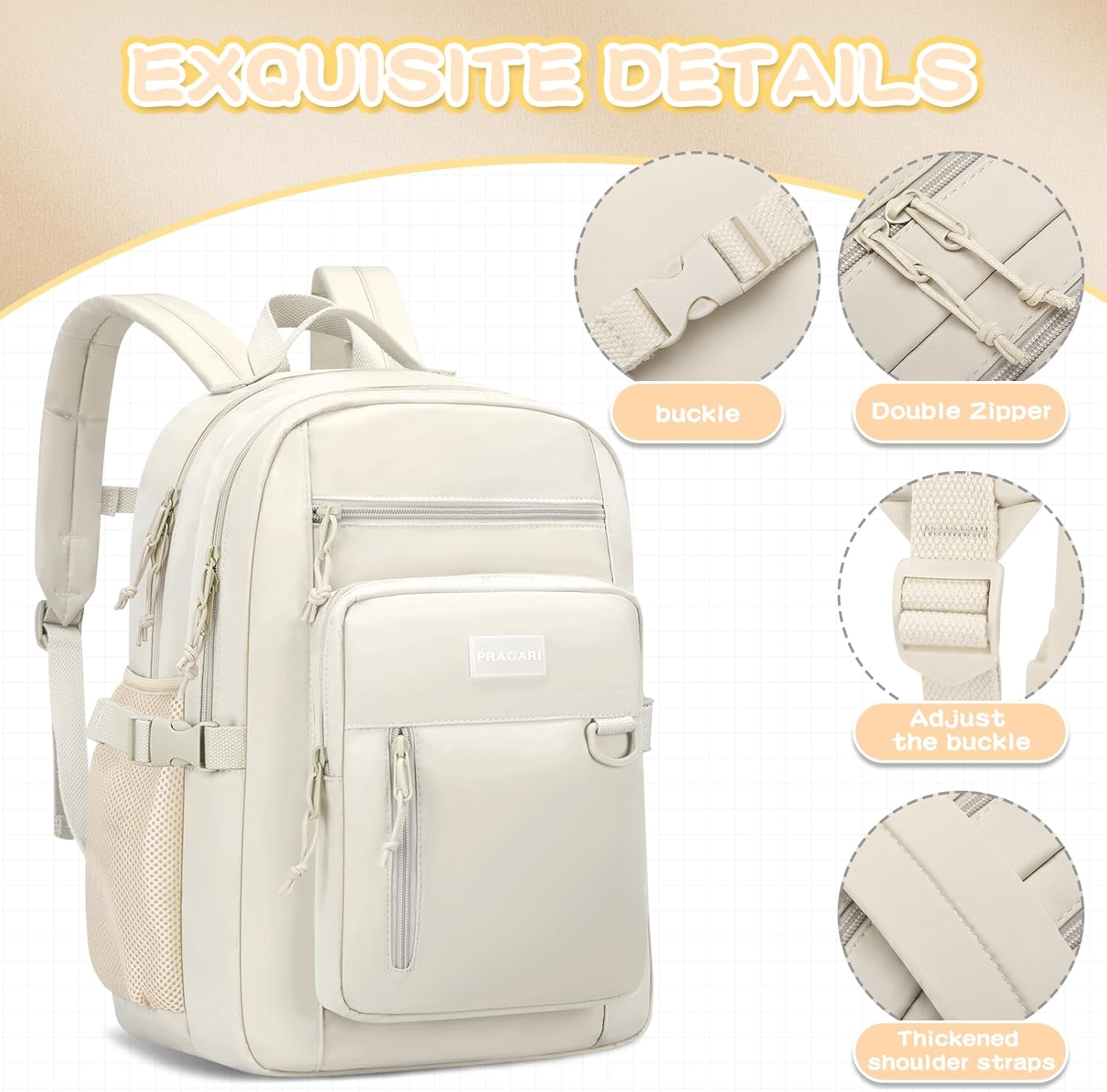 Kids Backpack for School Cute Aesthetic Beige Backpack Girls Student Bookbag Women Travel Lightweight Book Bag - Image 4